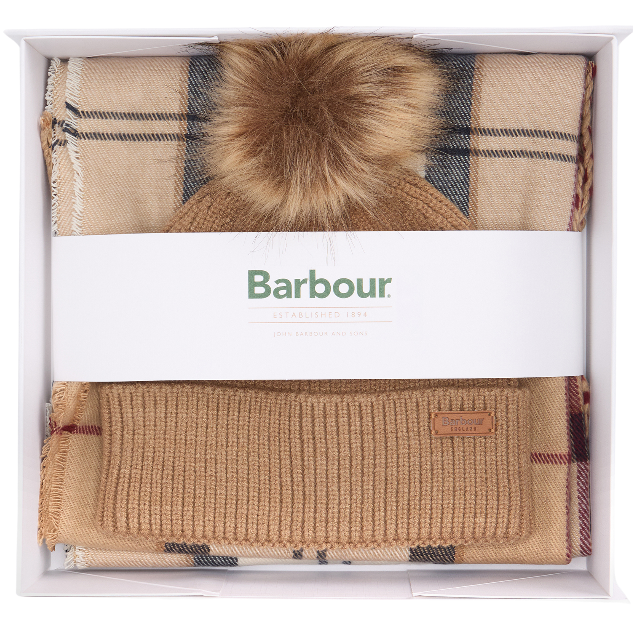 Womens Barbour Hessian Tartan Dover Beanie & Hailes Scarf Gift Set