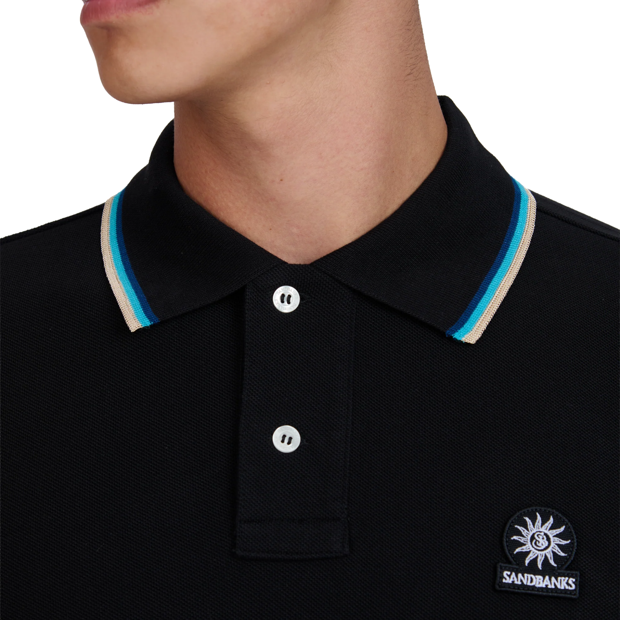 Mens Sandbanks Black Tipped Badge Pique S/s Polo Shirt