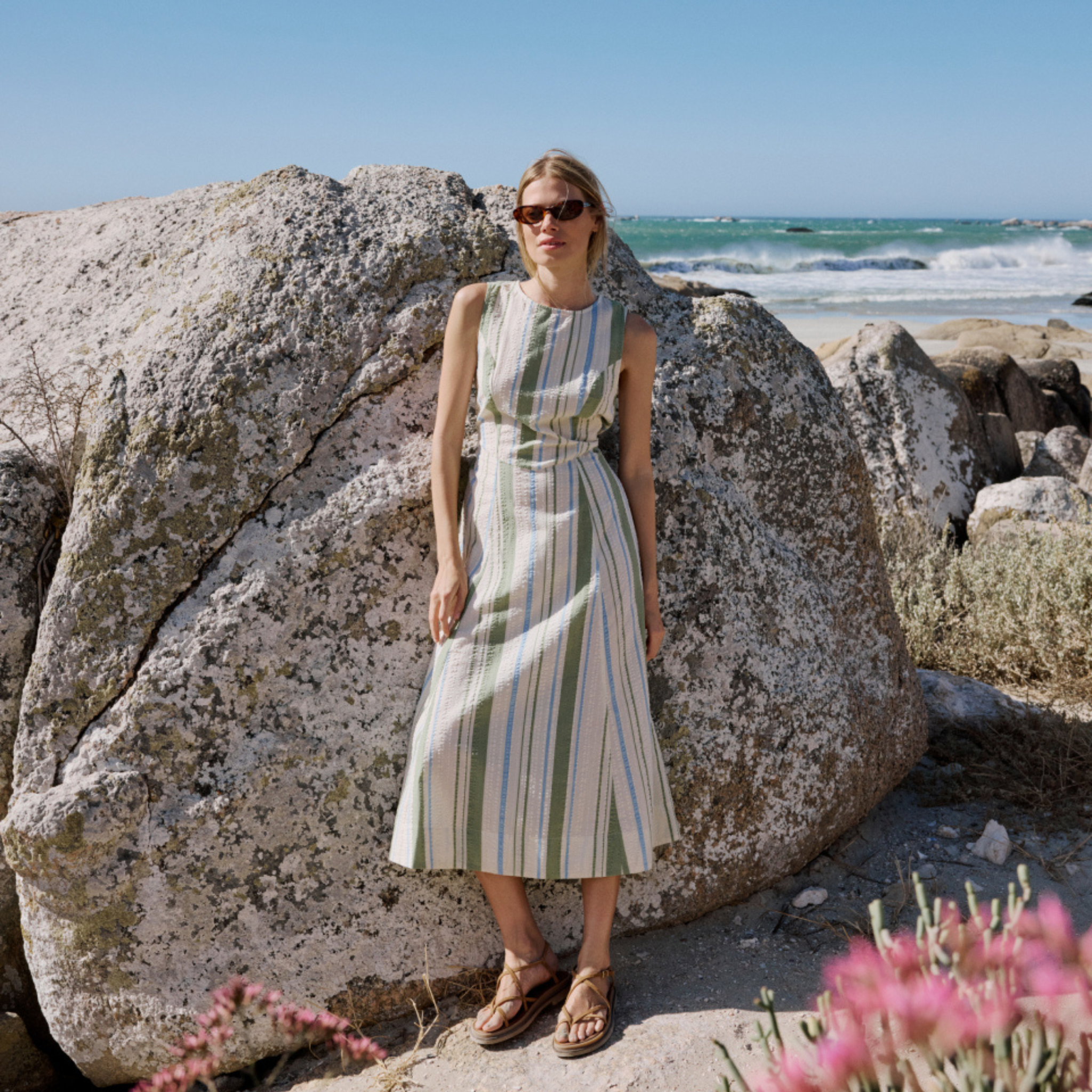 Womens Nobody's Child White/Green Stripe Cedar Midi Dress