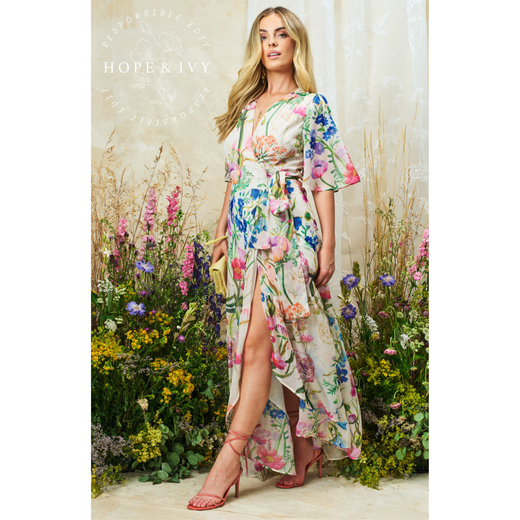 Womens Hope & Ivy Cream Multi Michelle Wrap Dress