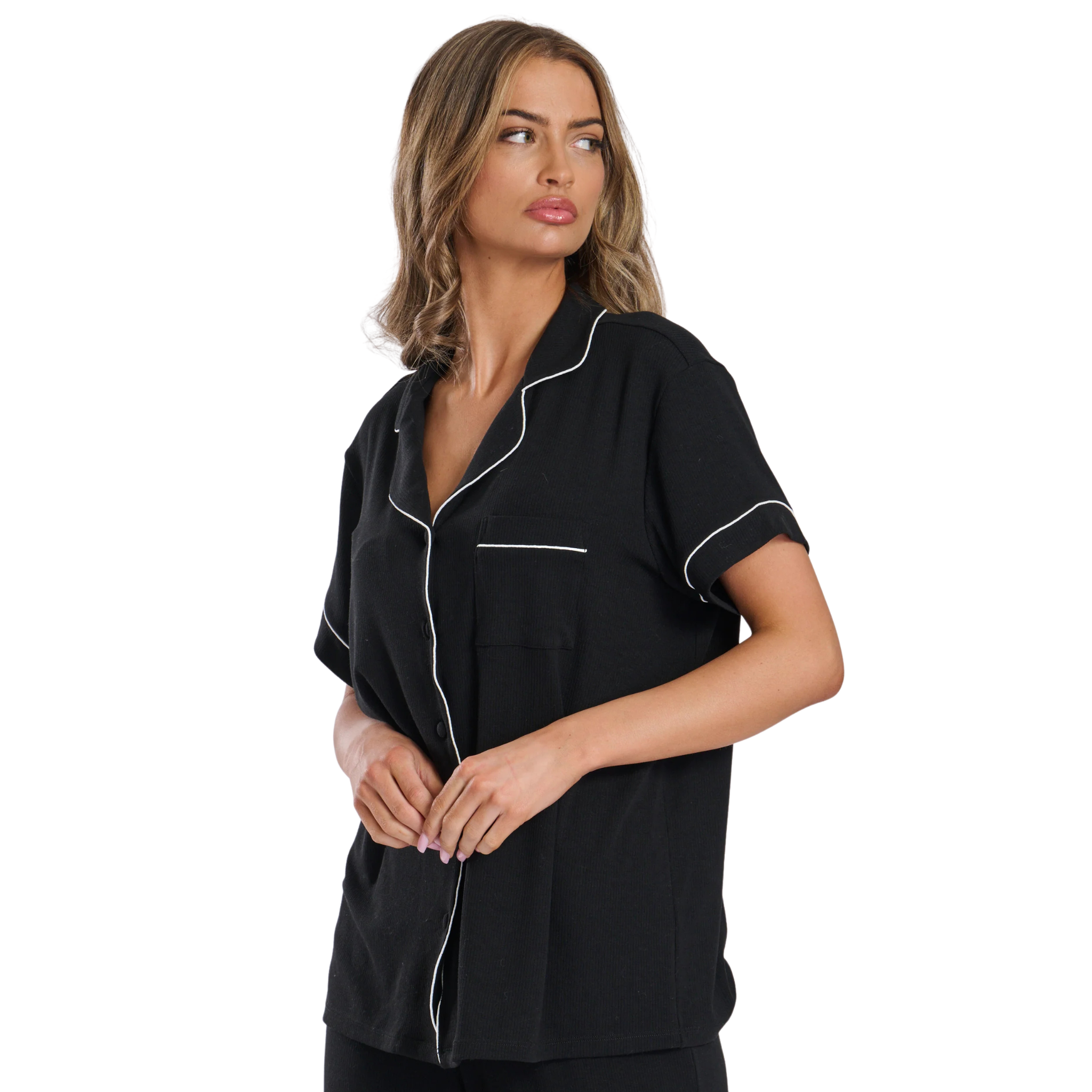 Womens Black Ribbed S/s Pyjama Trouser Set