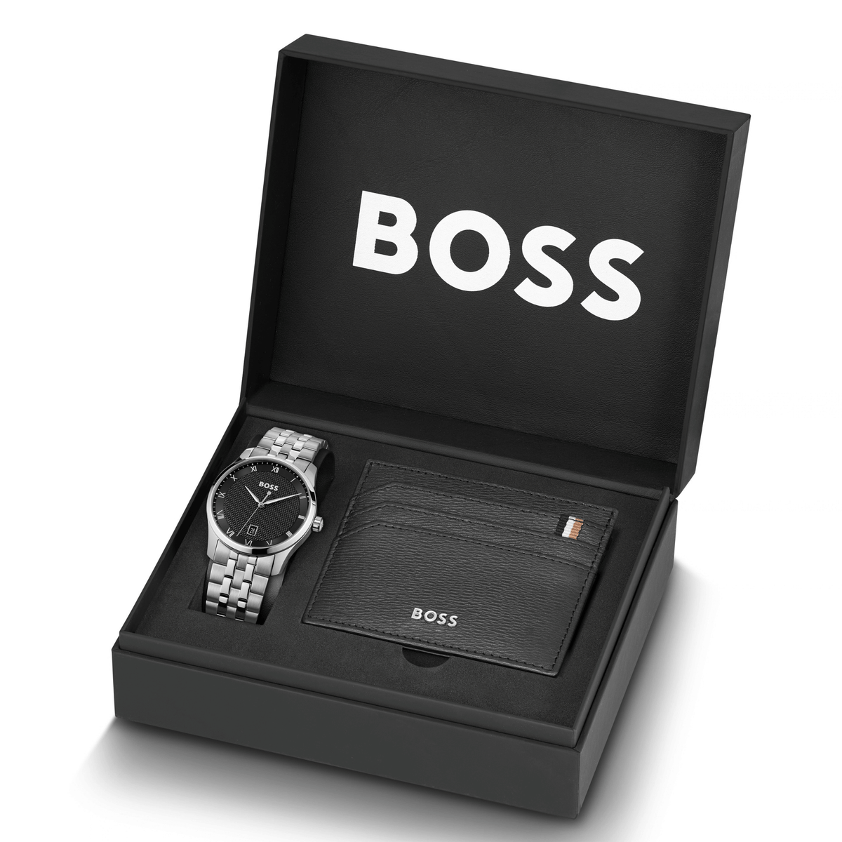 Mens BOSS Silver/Black Principle Watch & Cardholder Set