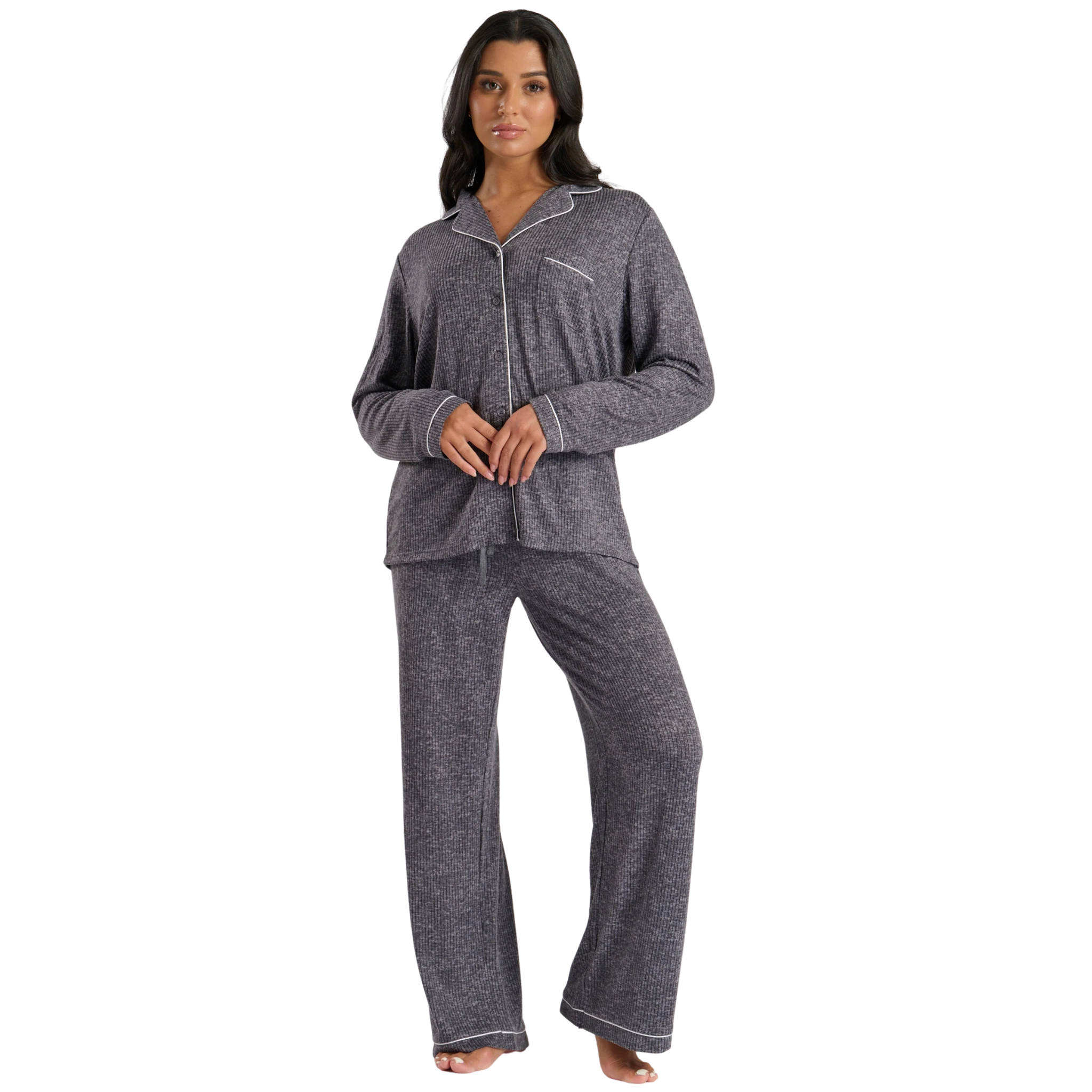 Womens Grey Marl Brushed Rib Long Sleeve Buttoned Pyjamas