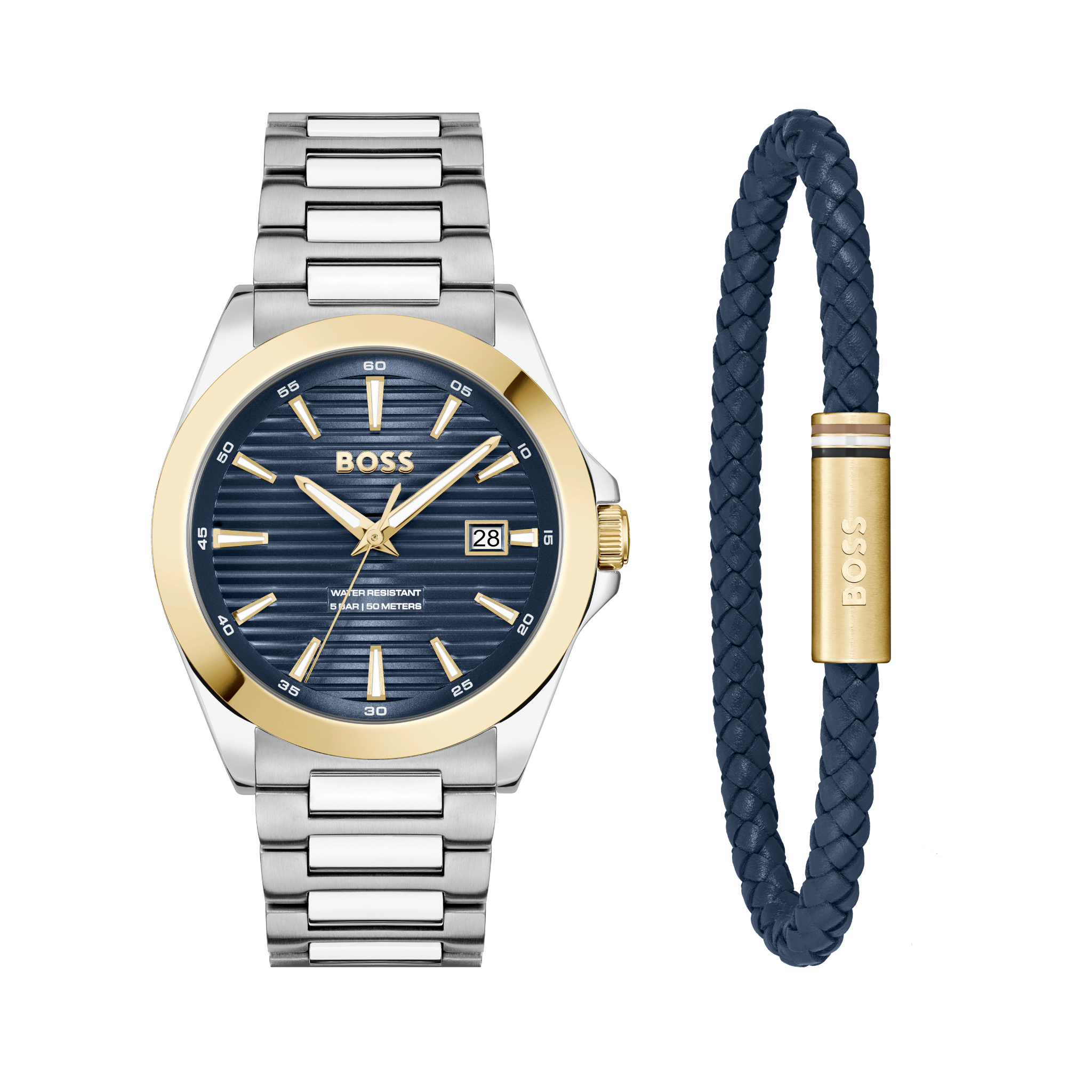 Mens BOSS Stainless Steel/Gold/Blue Strike Watch & Bracelet Gift Set