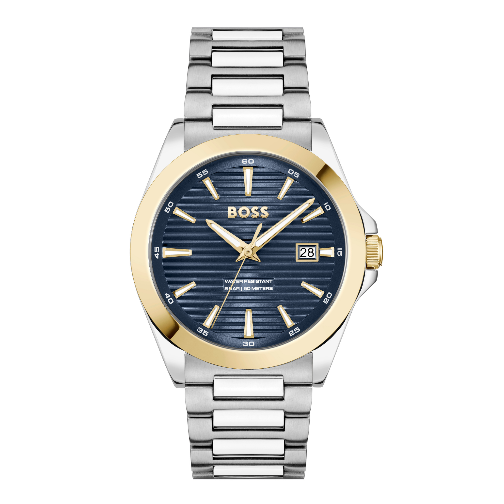 Mens BOSS Stainless Steel/Gold/Blue Strike Watch & Bracelet Gift Set