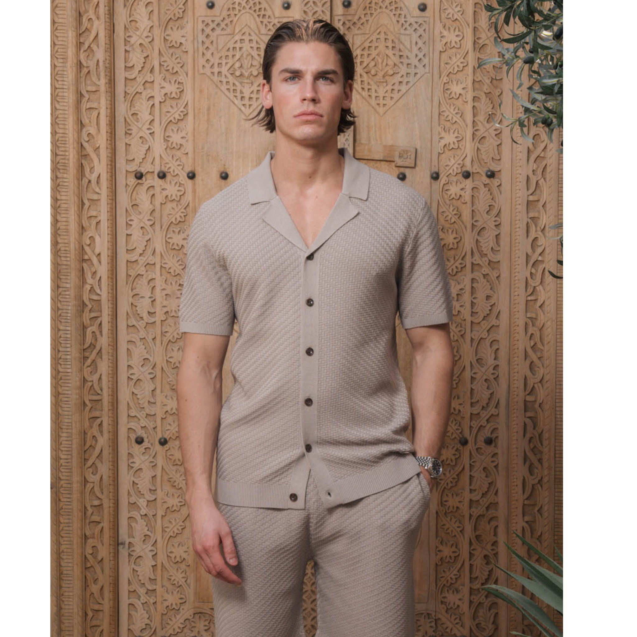 Mens Belier Stone Alfonso Patterned Knit S/s Shirt