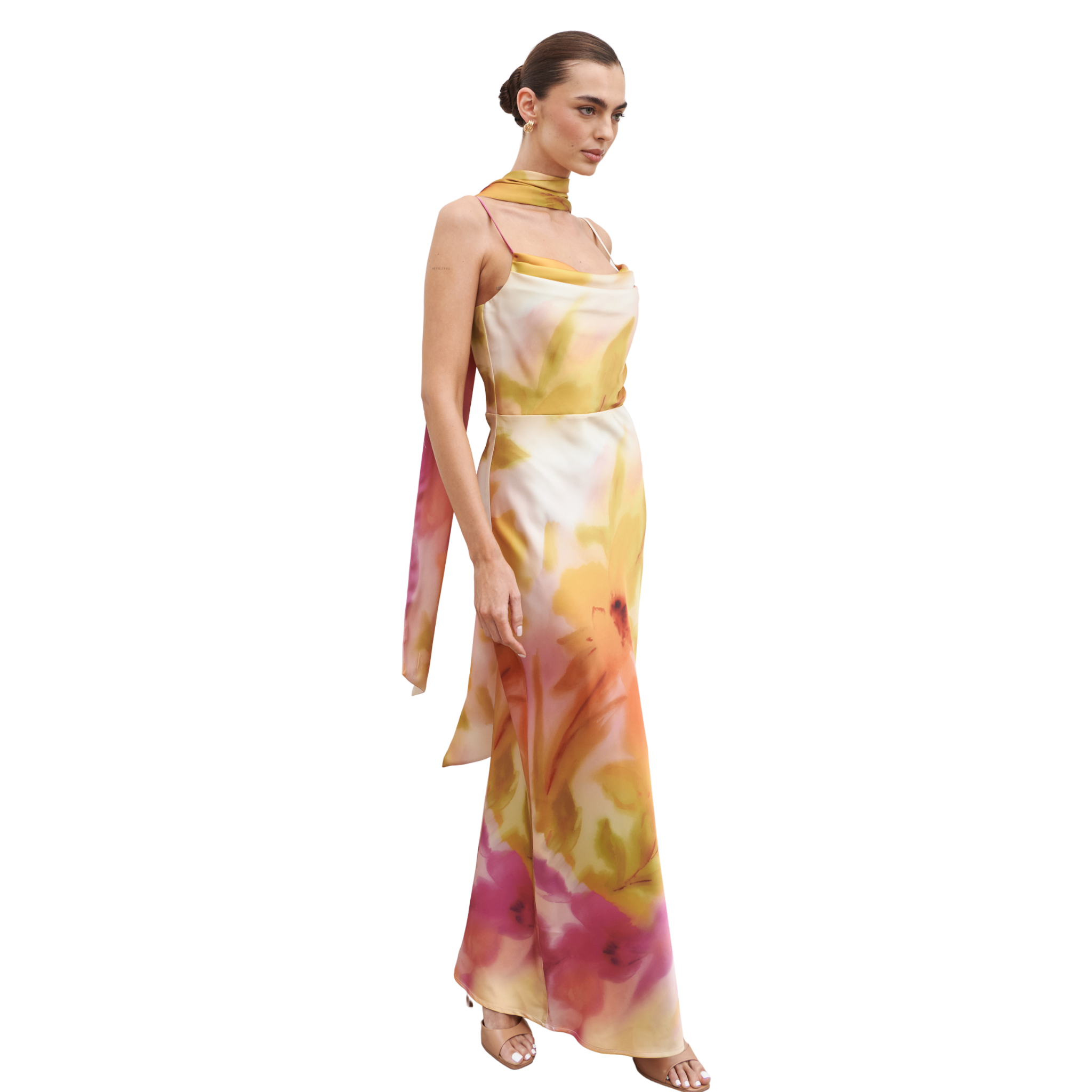 Womens Pretty Lavish Pink/Yellow Floral Keisha Scarf Maxi Dress