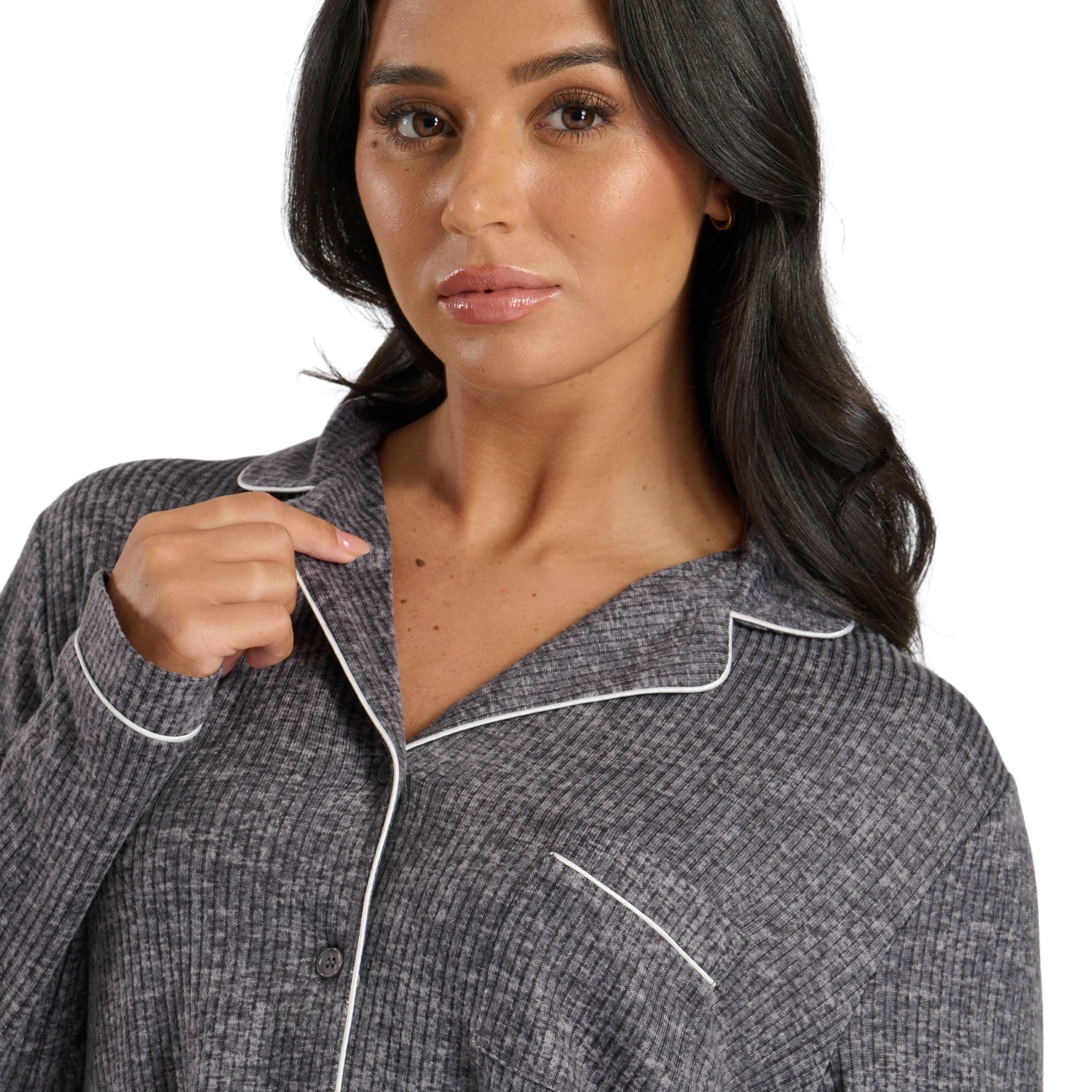 Womens Grey Marl Brushed Rib Long Sleeve Buttoned Pyjamas