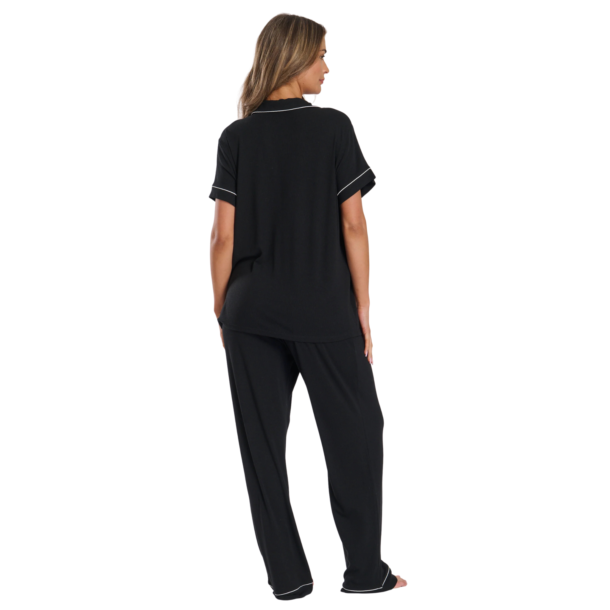 Womens Black Ribbed S/s Pyjama Trouser Set