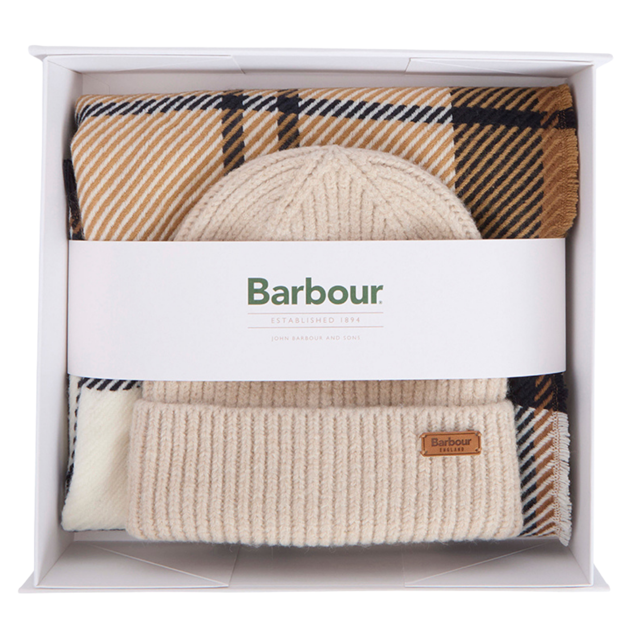 Womens Barbour Hessian/Navy Tartan Pendle Beanie & Blair Scarf Gift Set