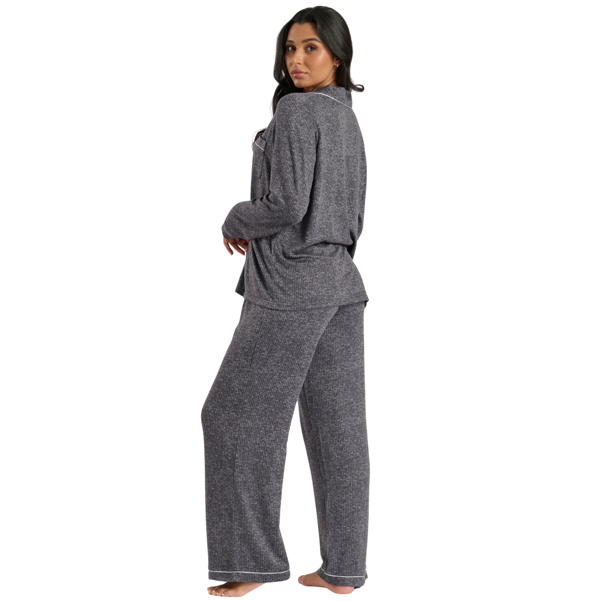 Womens Grey Marl Brushed Rib Long Sleeve Buttoned Pyjamas