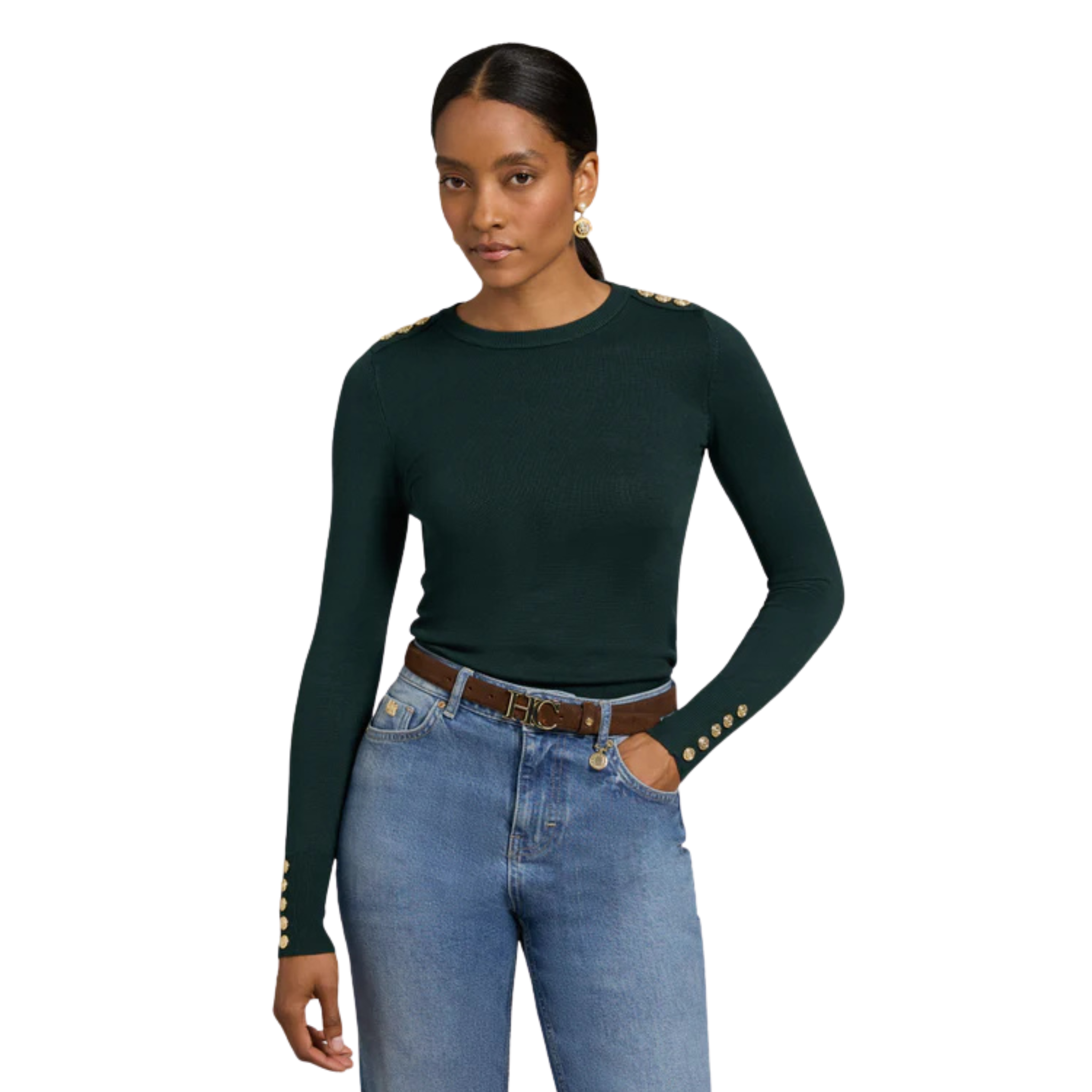Womens Holland Cooper Deep Emerald Buttoned Crew Neck Knit