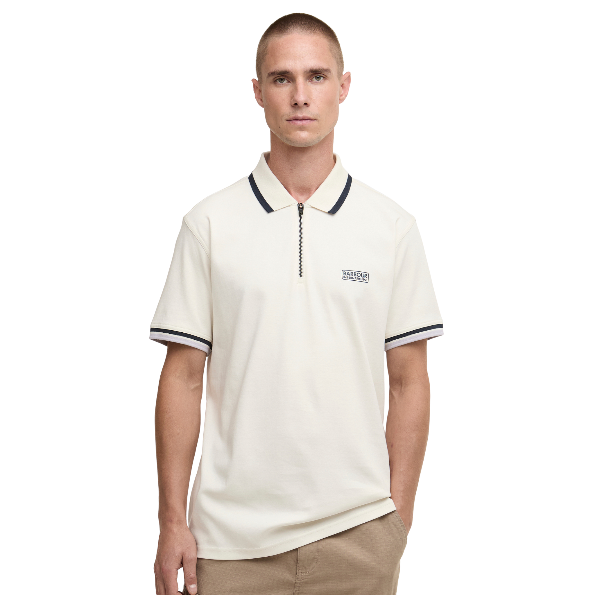 Mens Barbour International Whisper White Panter Zip S/s Polo