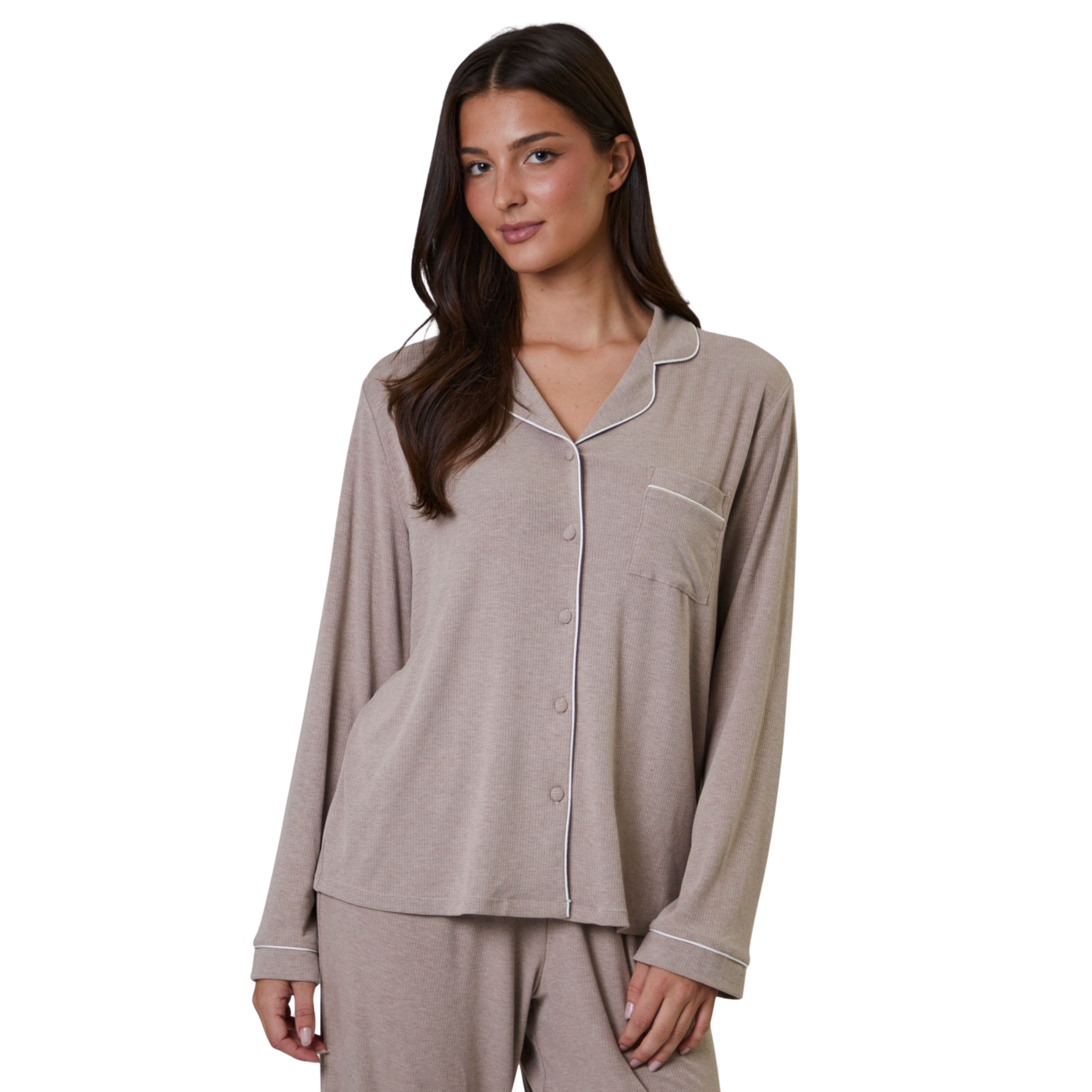 Womens Oatmeal Rib L/s Buttoned Pyjamas