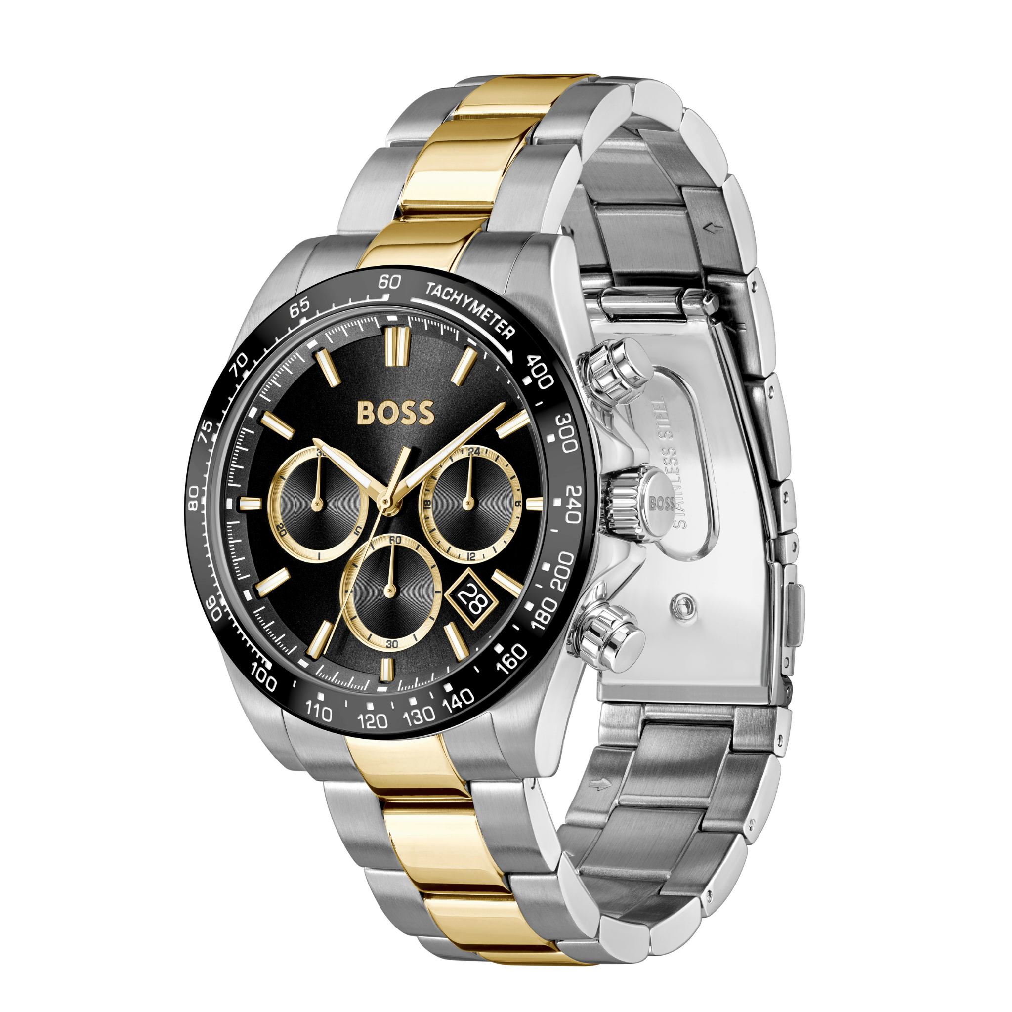 Mens BOSS Stainless Steel/Light Gold/Black Dial Hero 2.0 Bracelet Watch