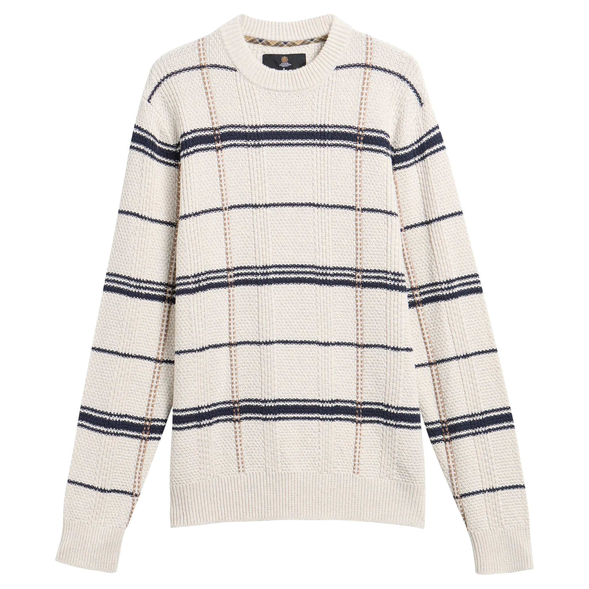 Mens Barbour Whisper White Fasey Cable Tartan Crew Knit