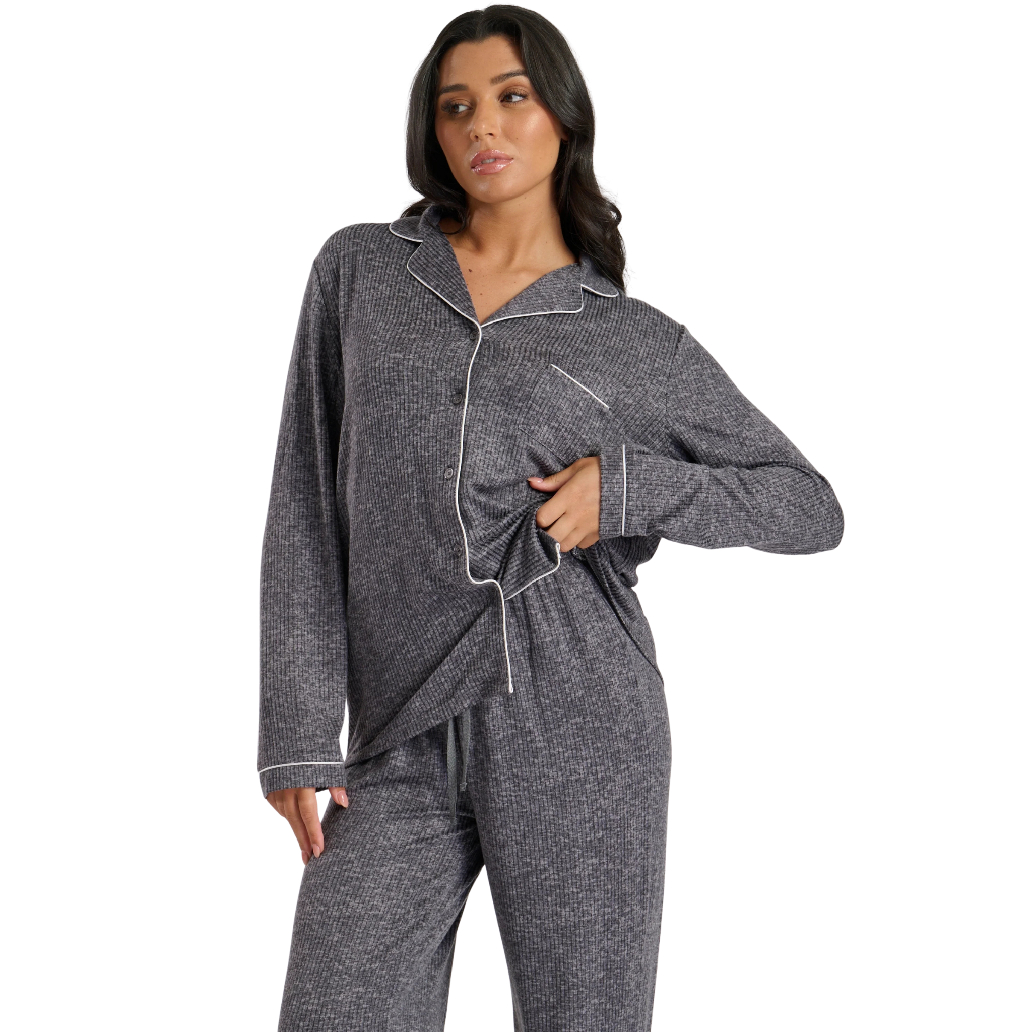 Womens Grey Marl Brushed Rib Long Sleeve Buttoned Pyjamas