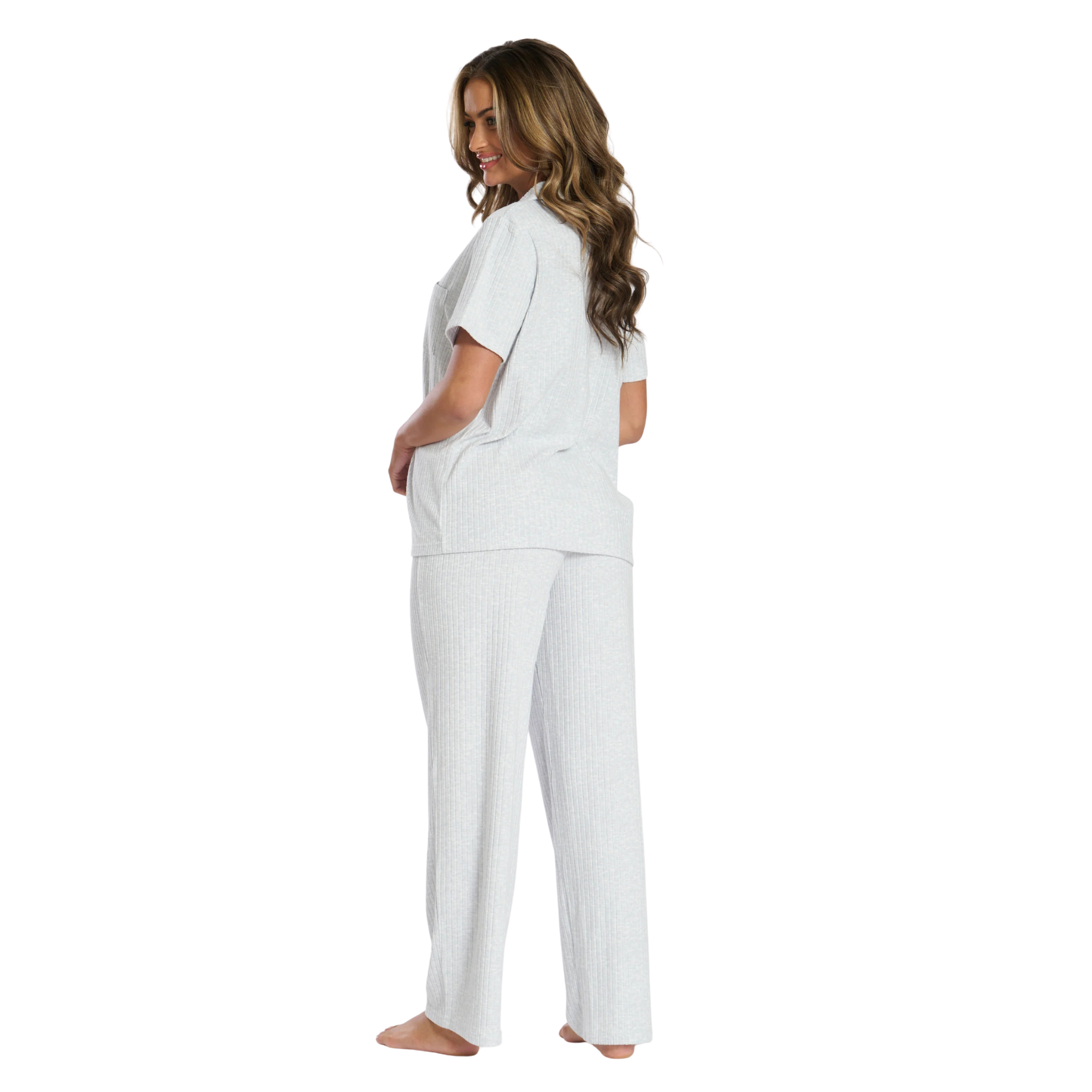 Womens Grey Luxury Brushed Rib S/s Pyjama Set