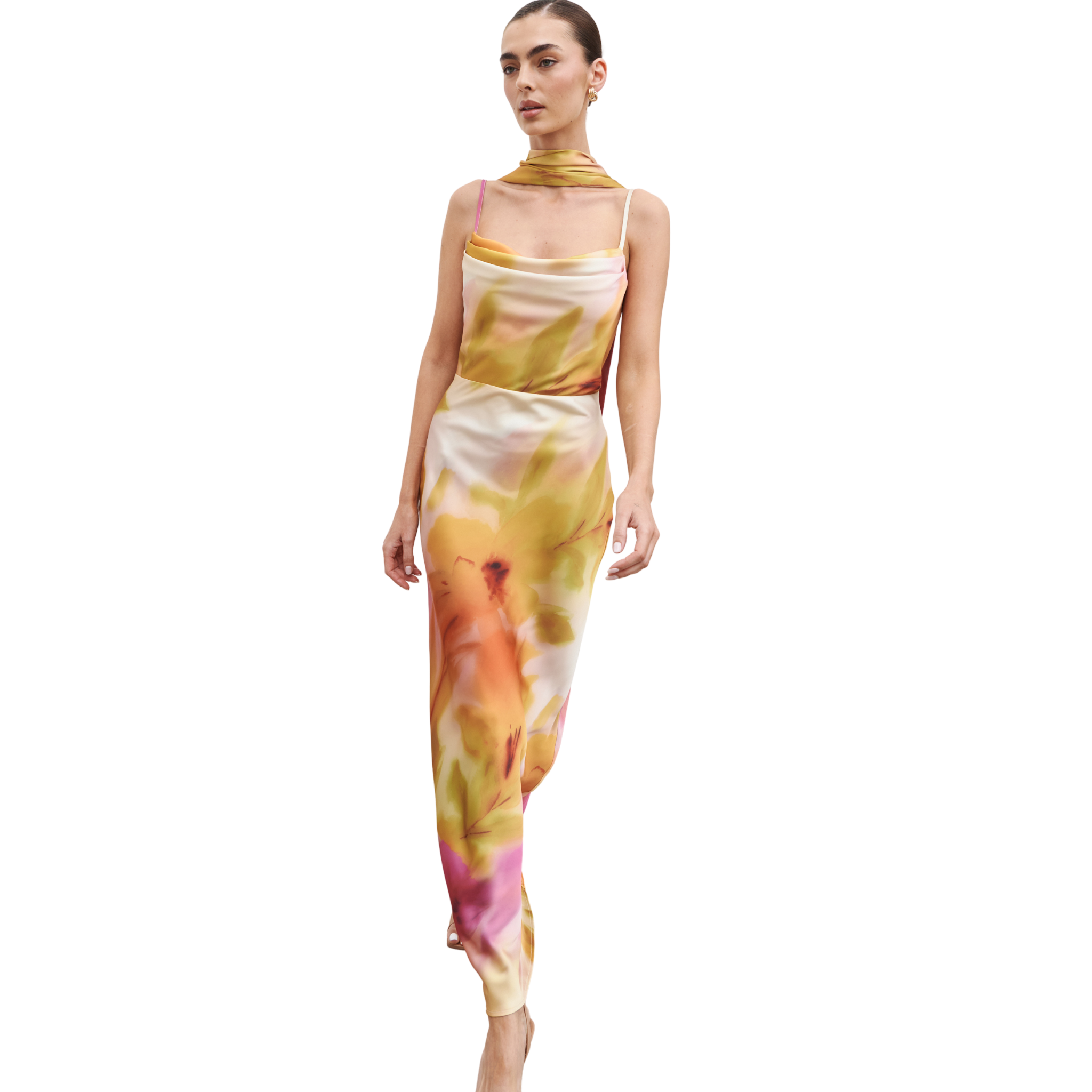 Womens Pretty Lavish Pink/Yellow Floral Keisha Scarf Maxi Dress