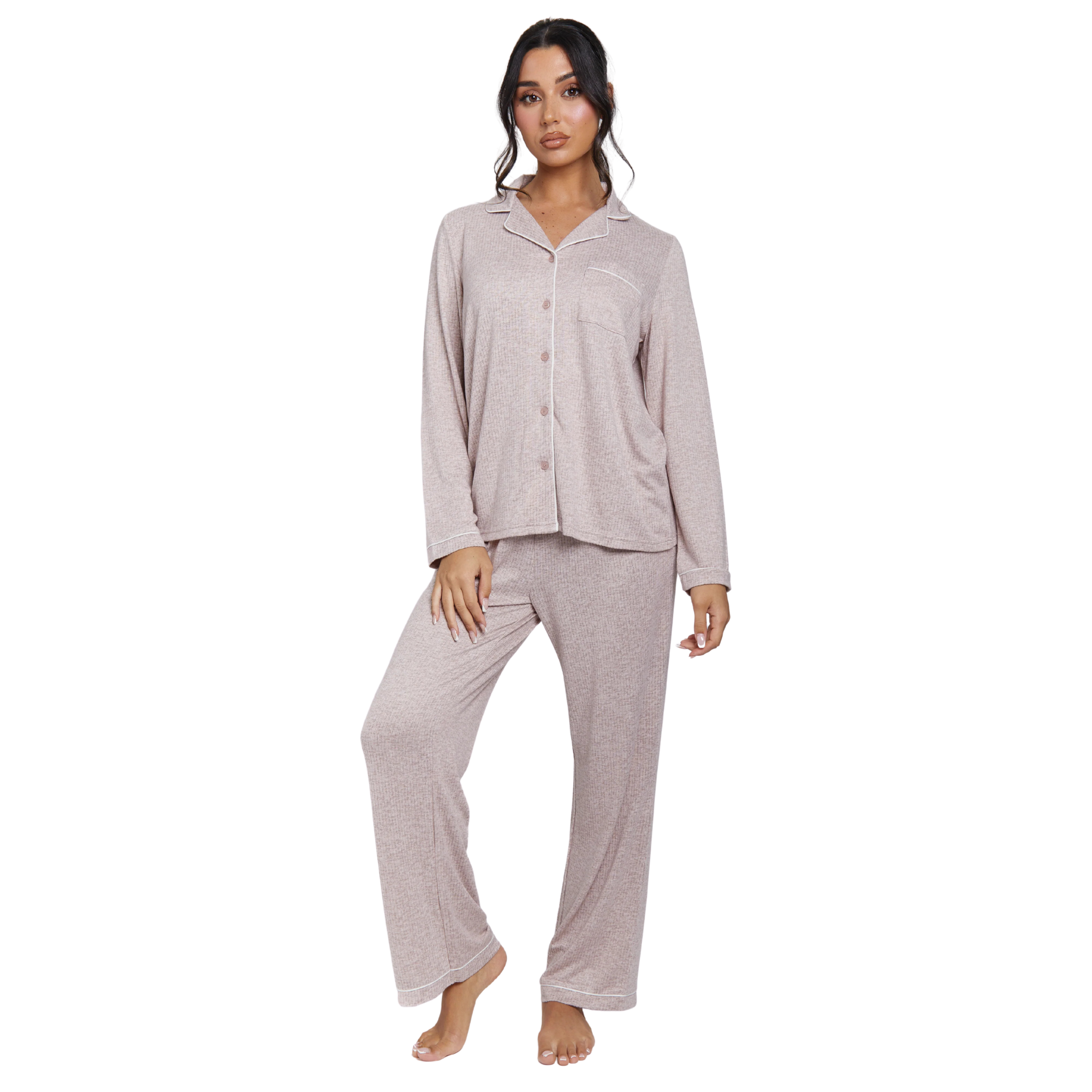 Womens Taupe Marl Brushed Rib Long Sleeve Buttoned Pyjamas