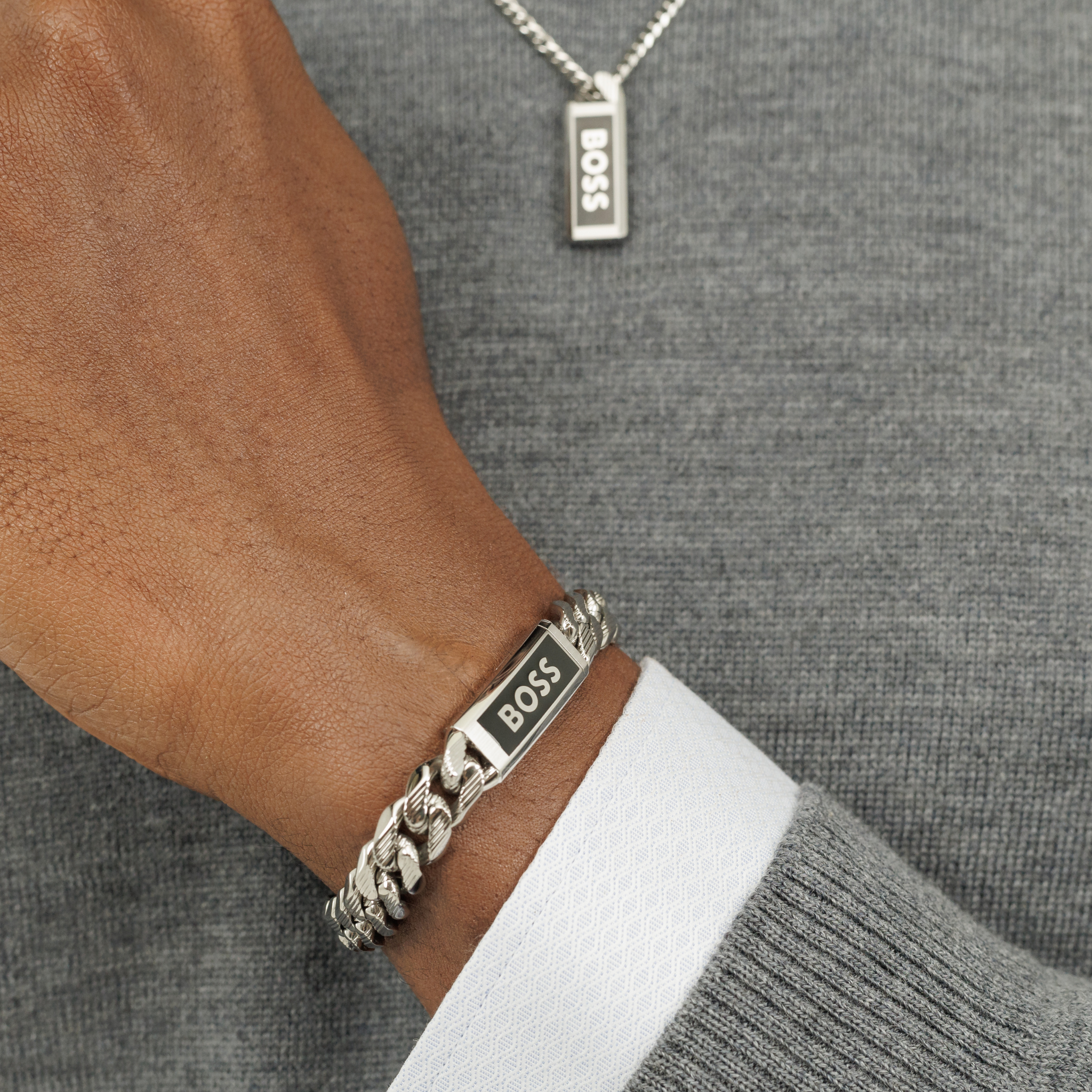 Mens BOSS Silver/Black Kassy Emblem Bracelet