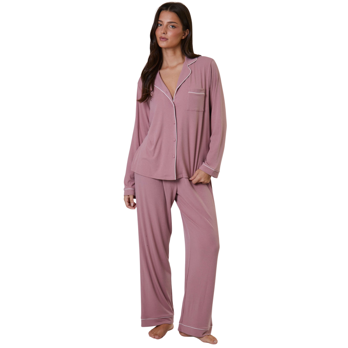 Womens Pink Rib L/s Buttoned Pyjamas