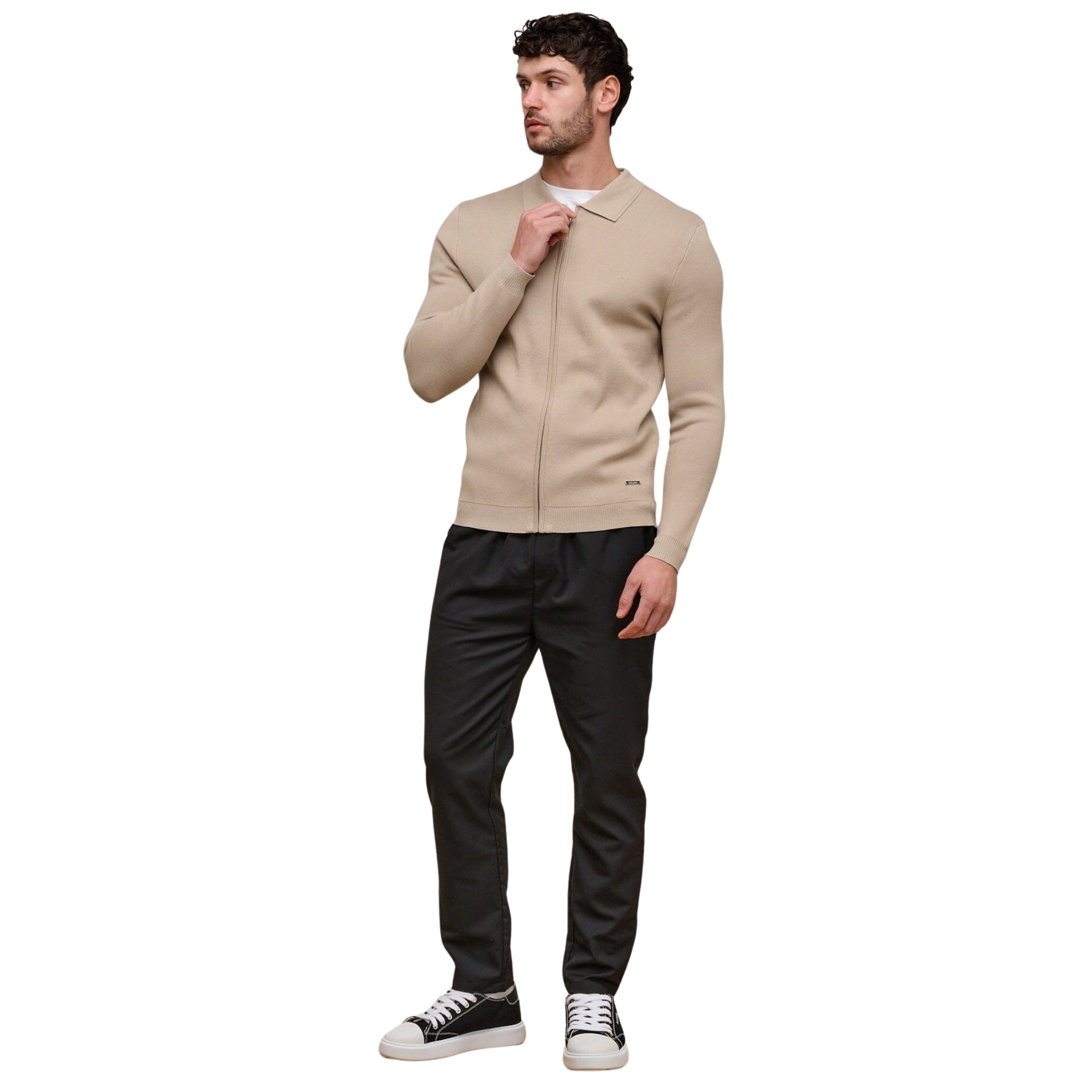 Mens Belier Beige Knit Zip Through Cardigan