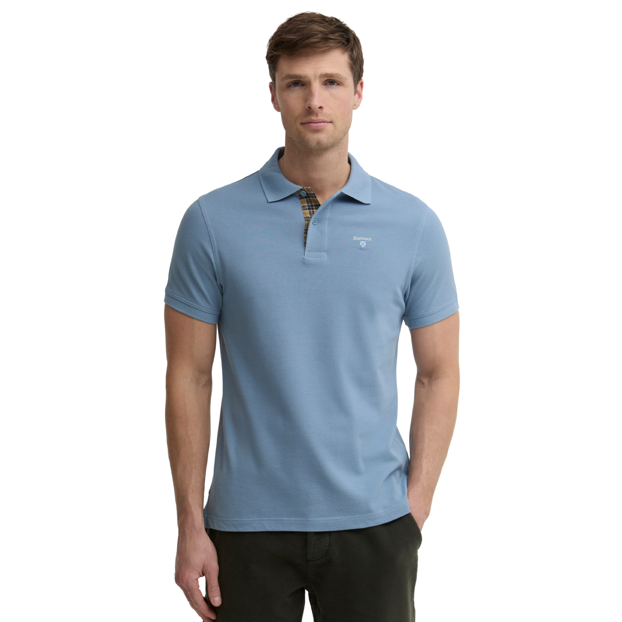 Mens Barbour Tarn Blue Tartan Pique S/s Polo Shirt