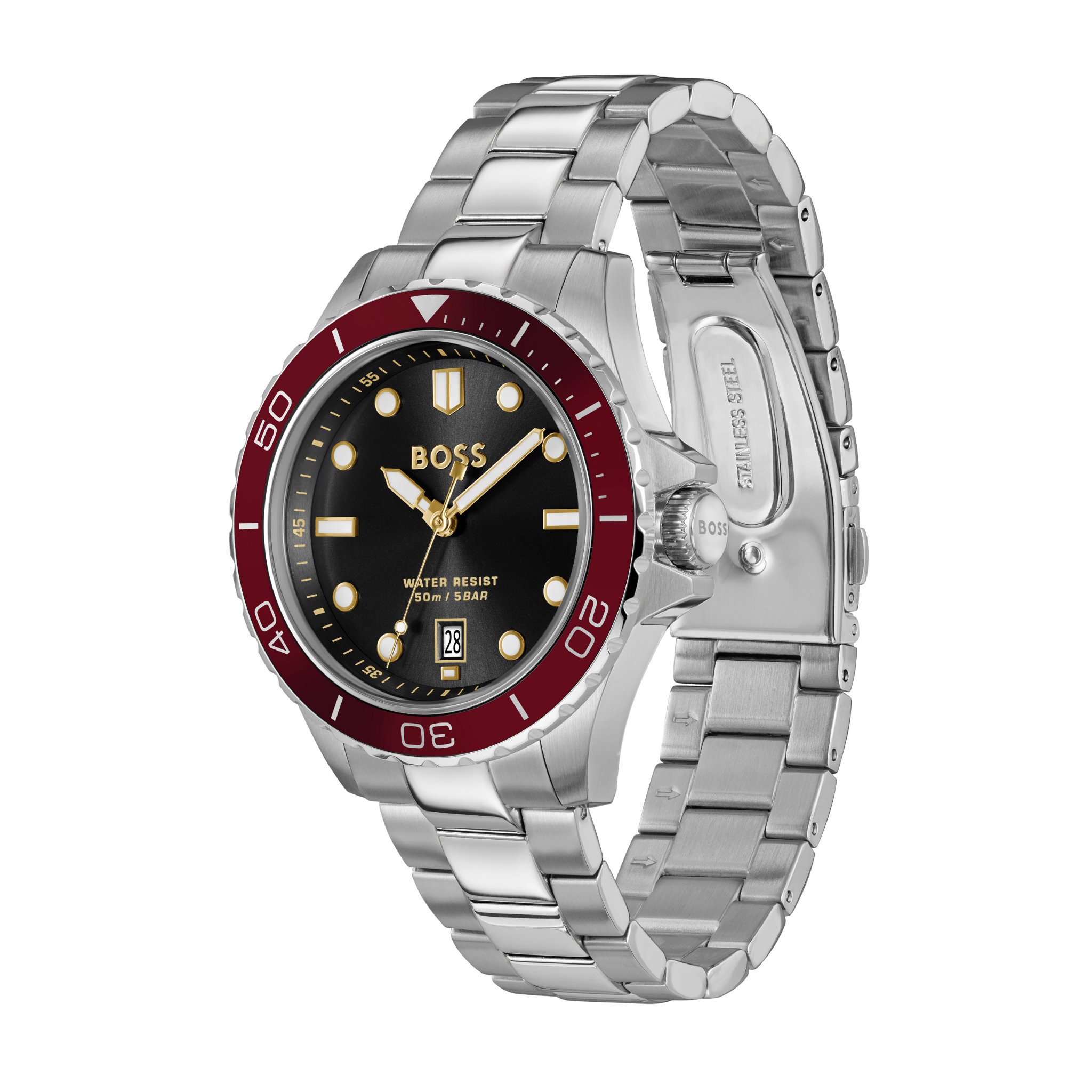 Mens BOSS Stainless Steel/Red/Black Dial Troper Sport Bracelet Watch