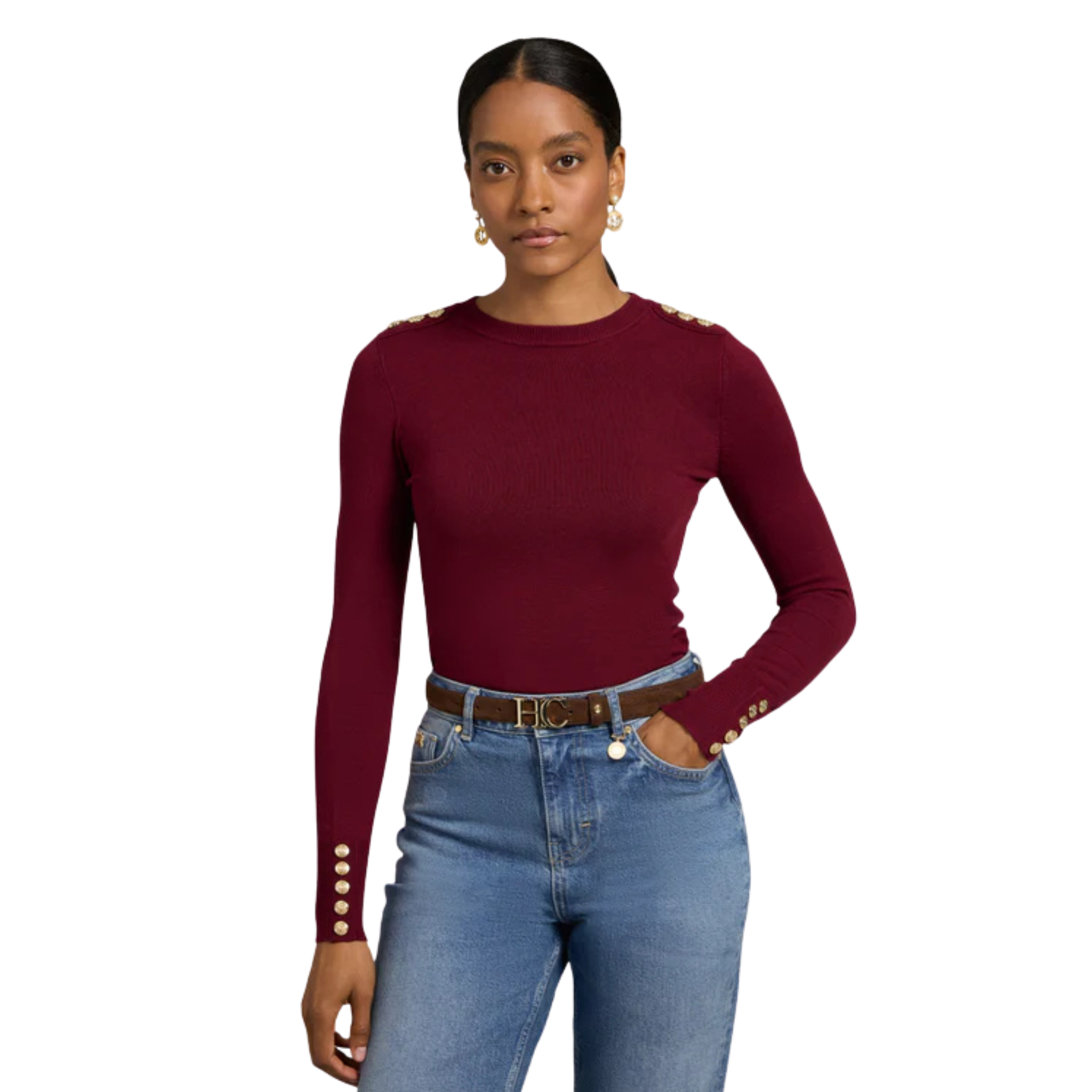 Womens Holland Cooper Wine Buttoned Crew Neck Knit