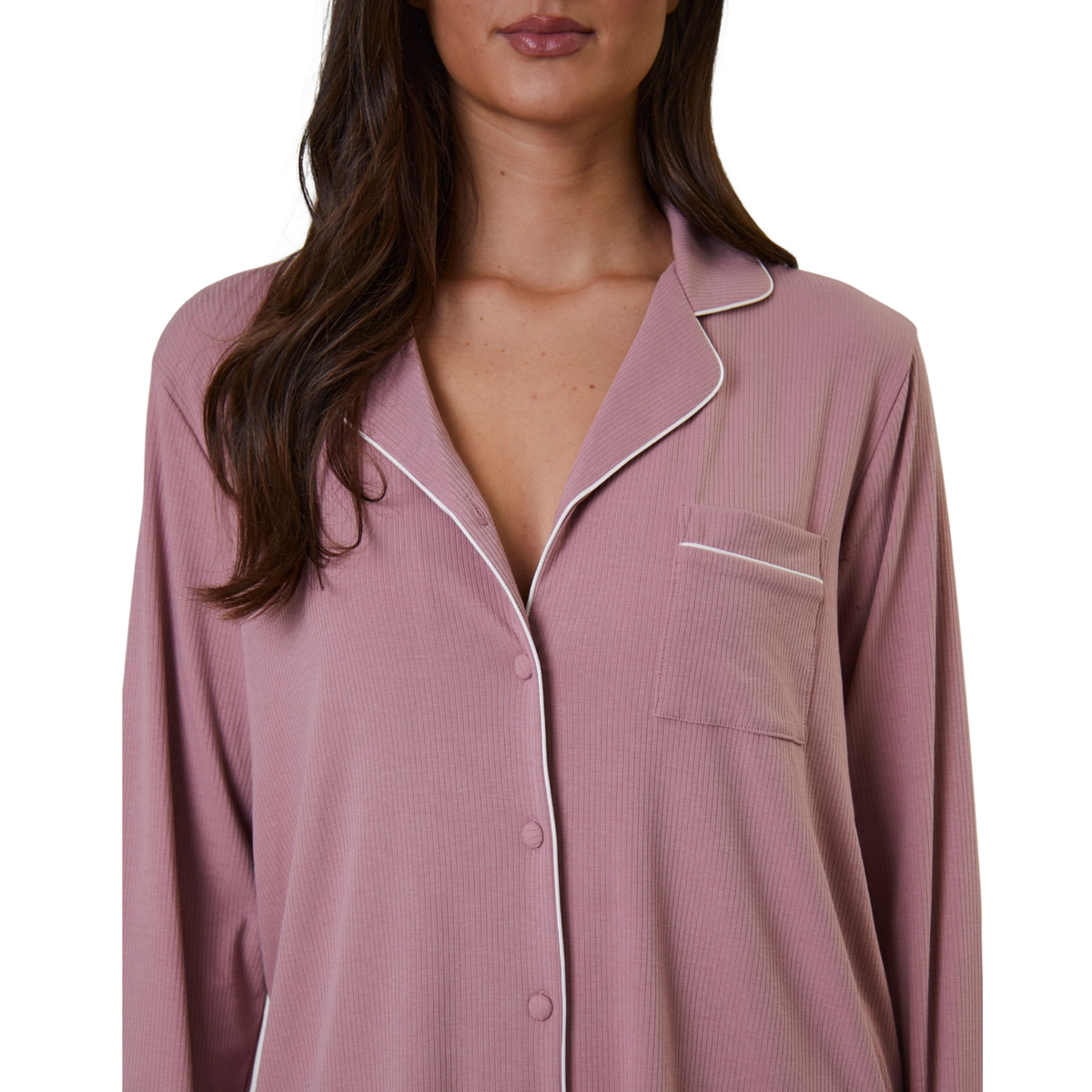 Womens Pink Rib L/s Buttoned Pyjamas
