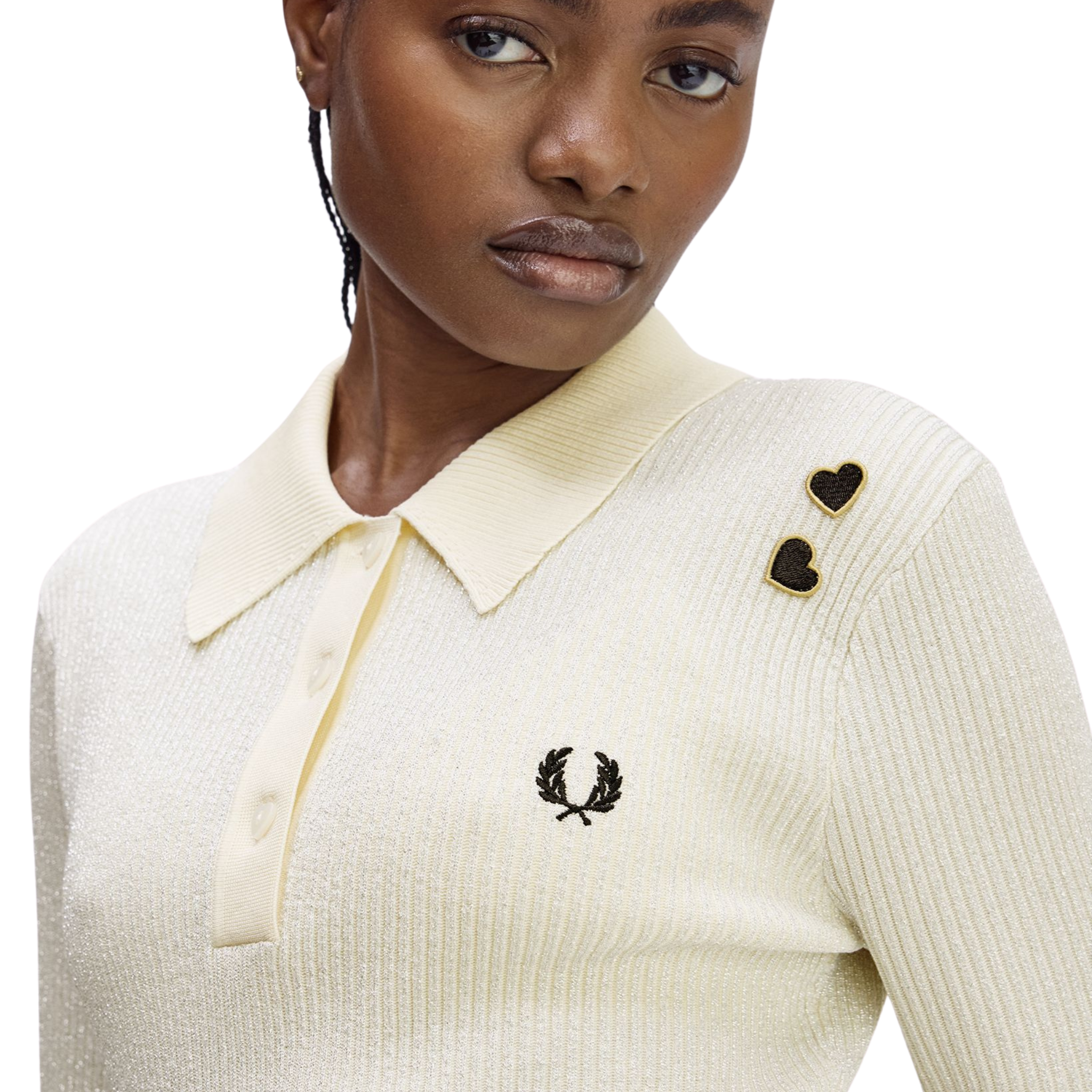 Womens Fred Perry x Amy Winehouse Ecru Metallic Rib Knit S/s Polo Shirt