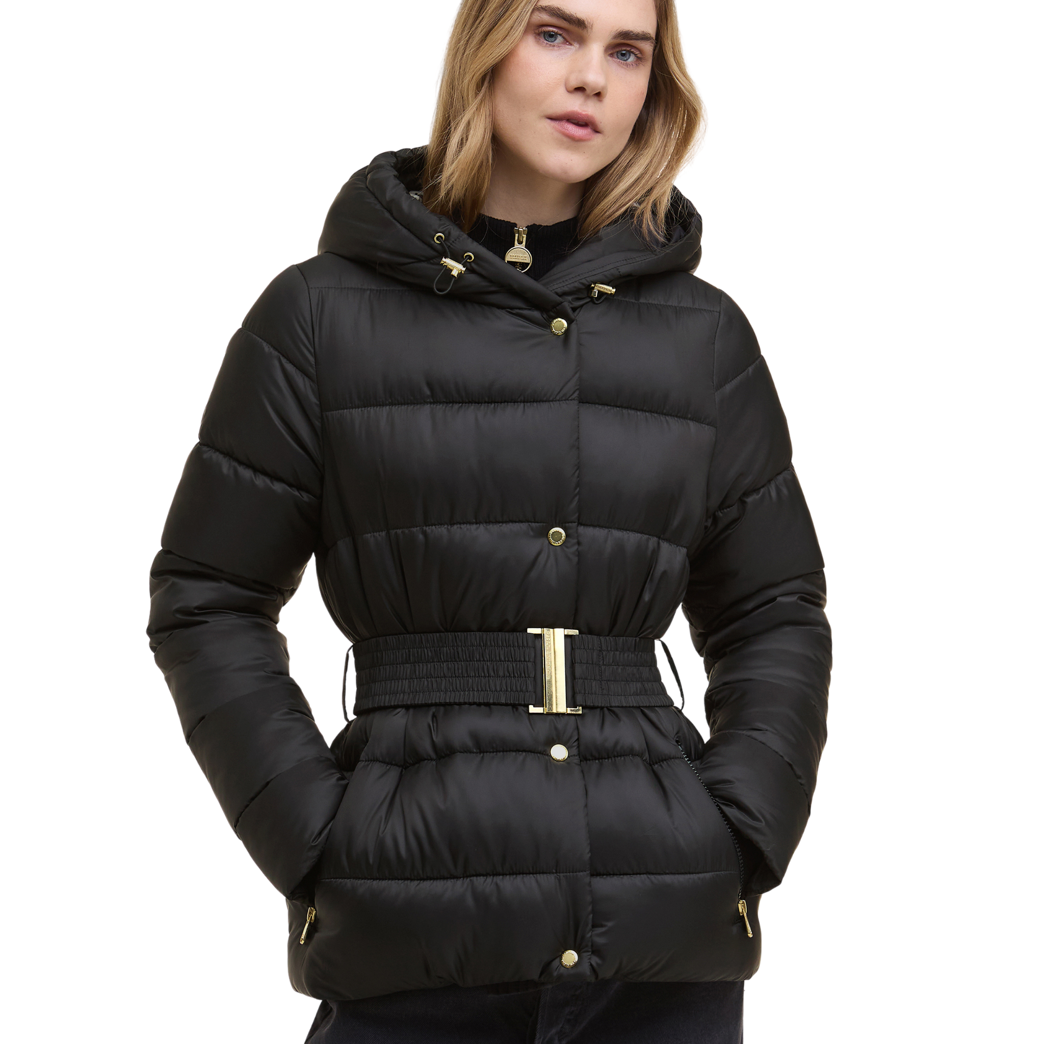 Womens Barbour International Black/Jasmine Leopard Short Track Line Padded Jacket