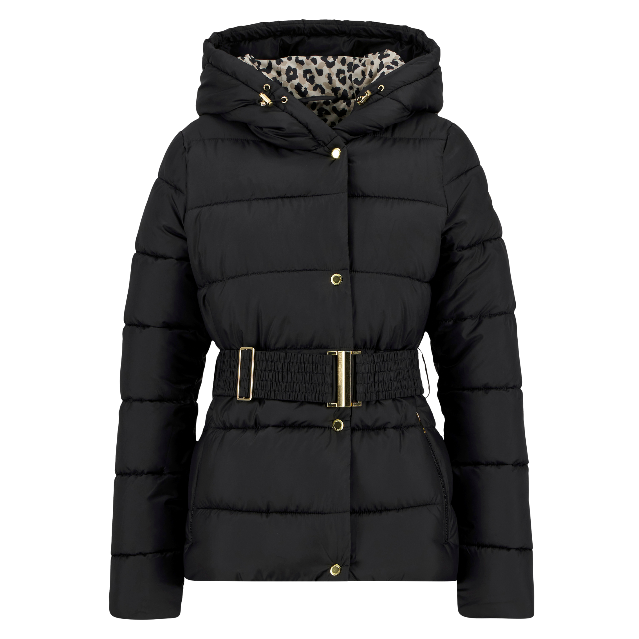 Womens Barbour International Black/Jasmine Leopard Short Track Line Padded Jacket