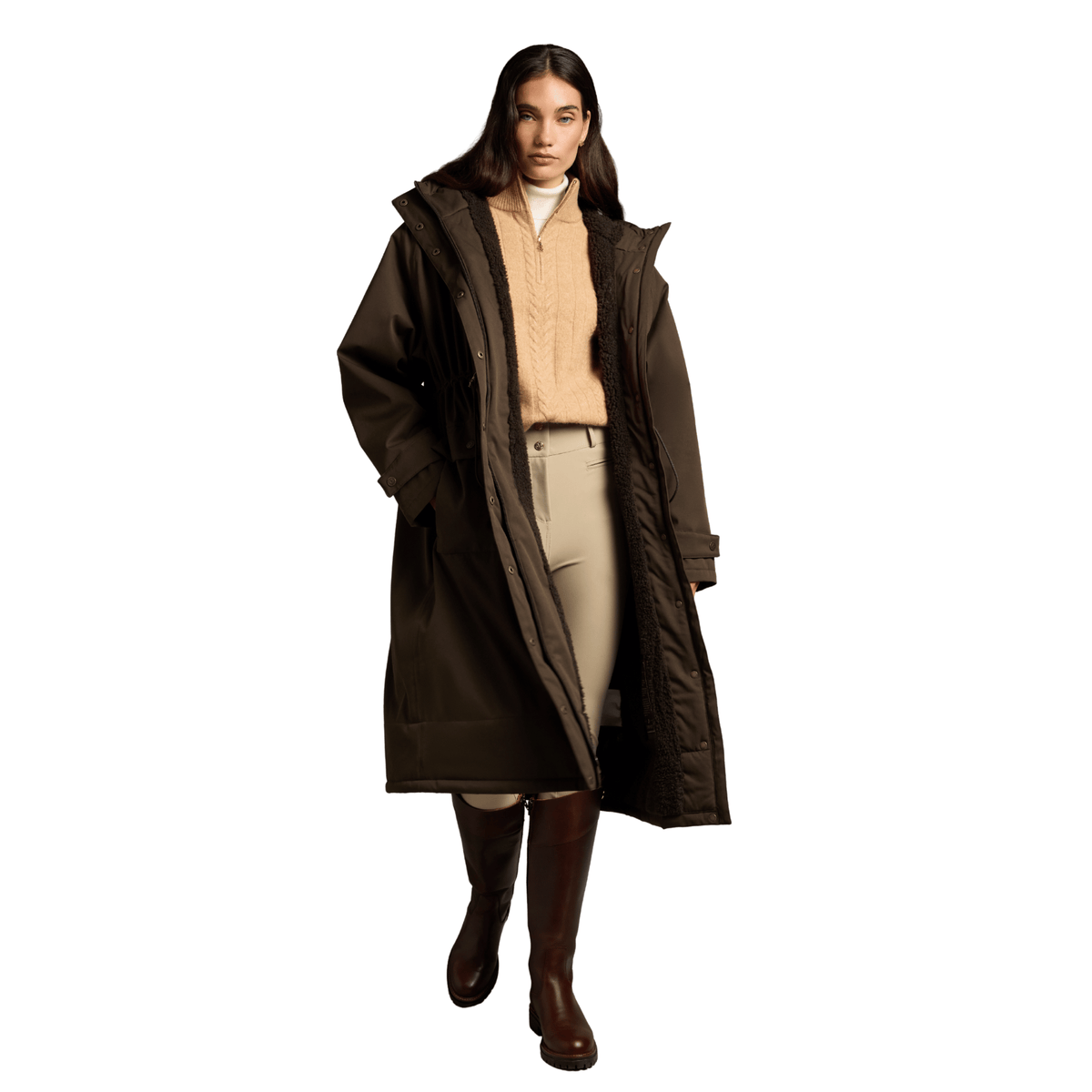 Womens Holland Cooper Olive Brown One-Size Waterproof Longline Parka