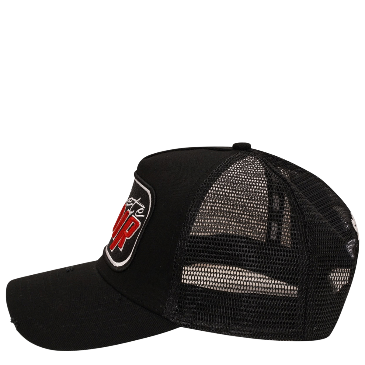 Mens Societe Noir Black/Grey Script Distressed Trucker Cap