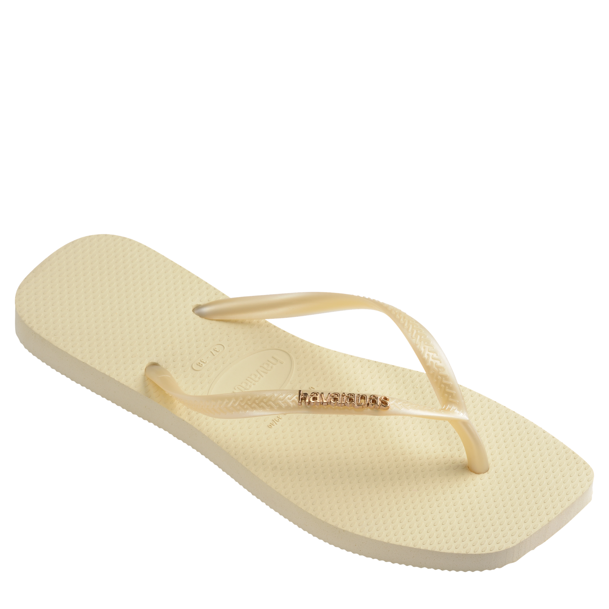 Womens Havaianas Buttercream Slim Square Logo Metallic Flip Flops