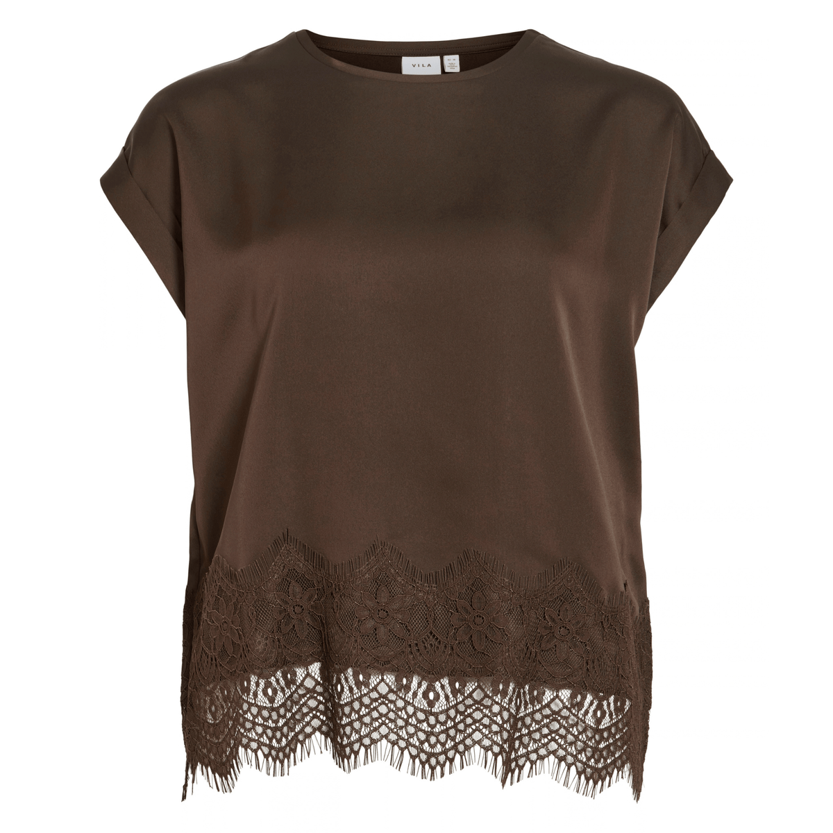Womens Vila Coffee Bean Viellette Satin Lace Top