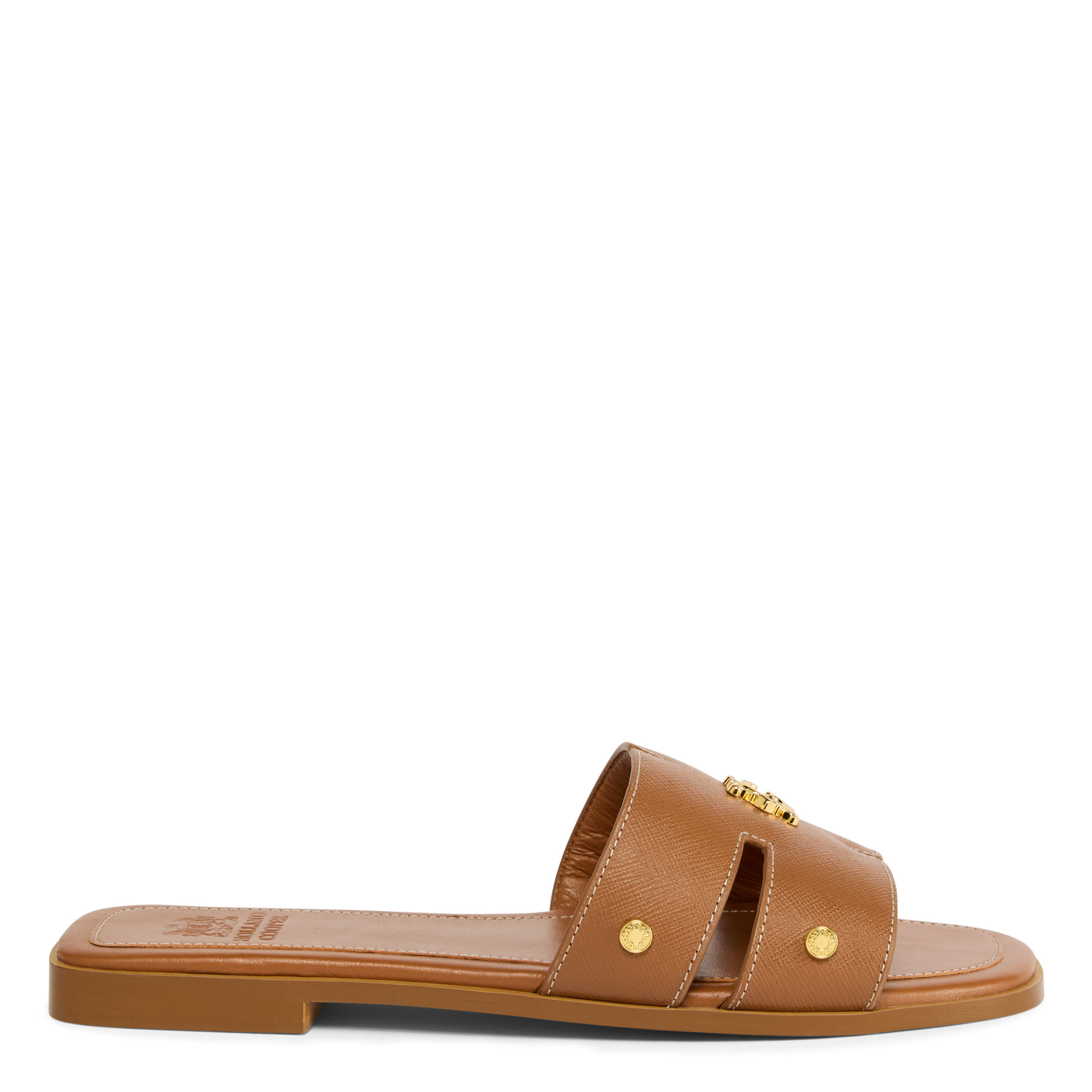 Womens Holland Cooper Tan Saffiano Heraldic Monogram Slides