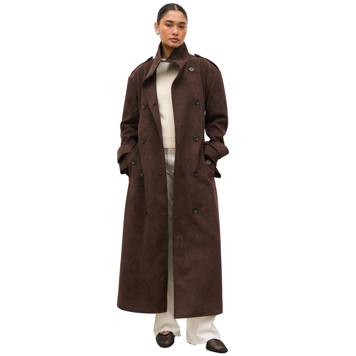 Womens Pretty Lavish Chocolate Leah Faux Suede Trench Coat