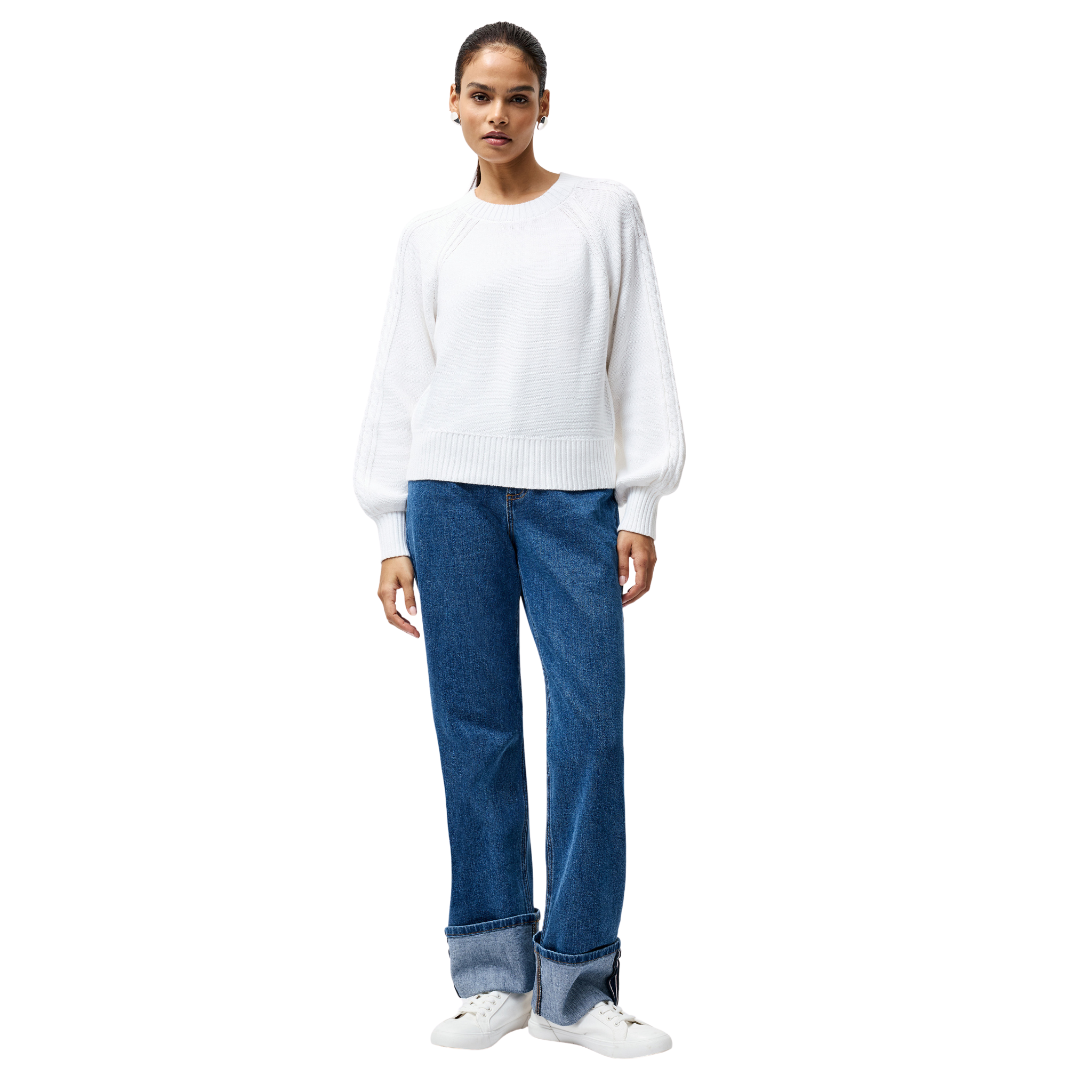 Womens French Connection Linen White Lily Cable Sleeve Jumper