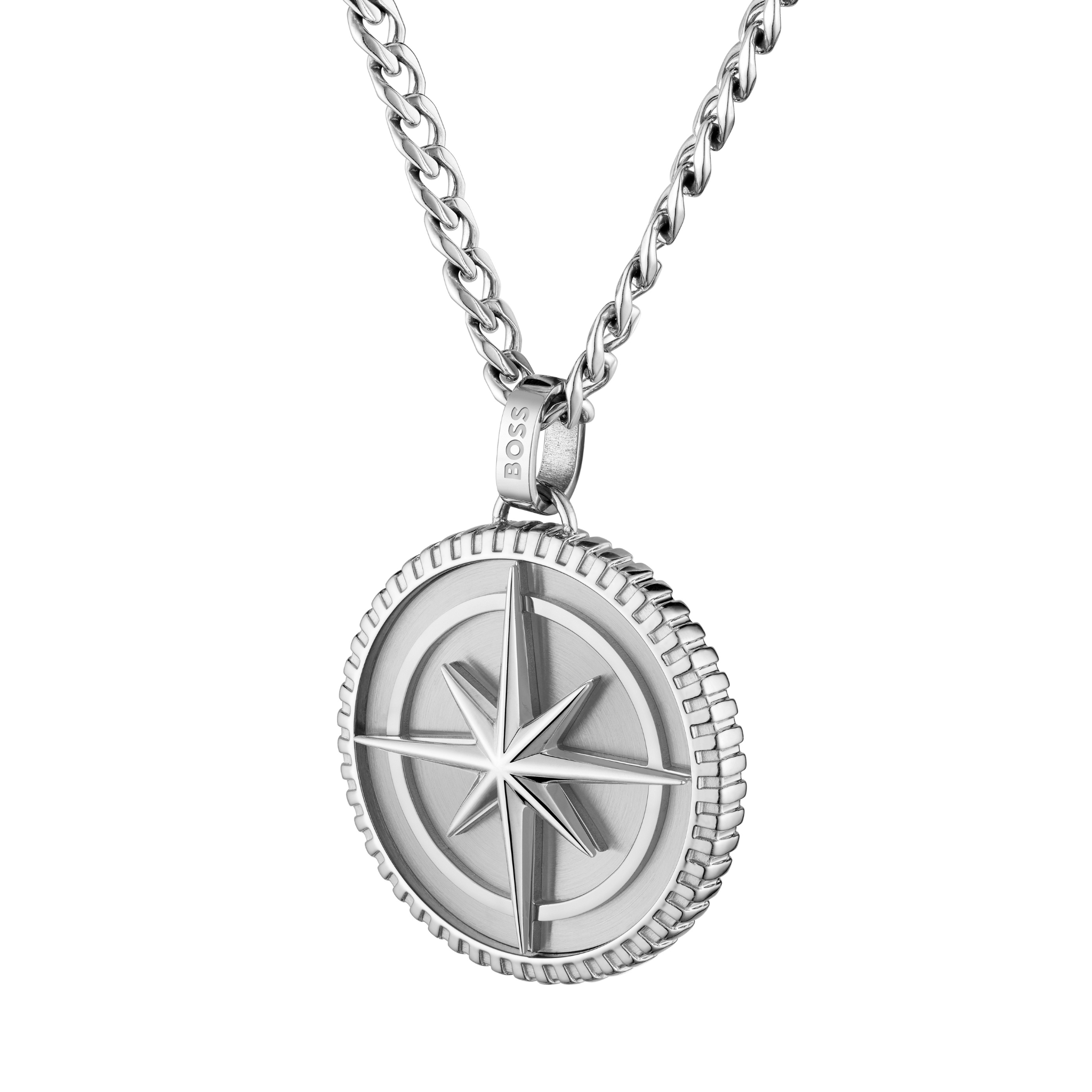 Mens BOSS Stainless Steel North Coin Necklace