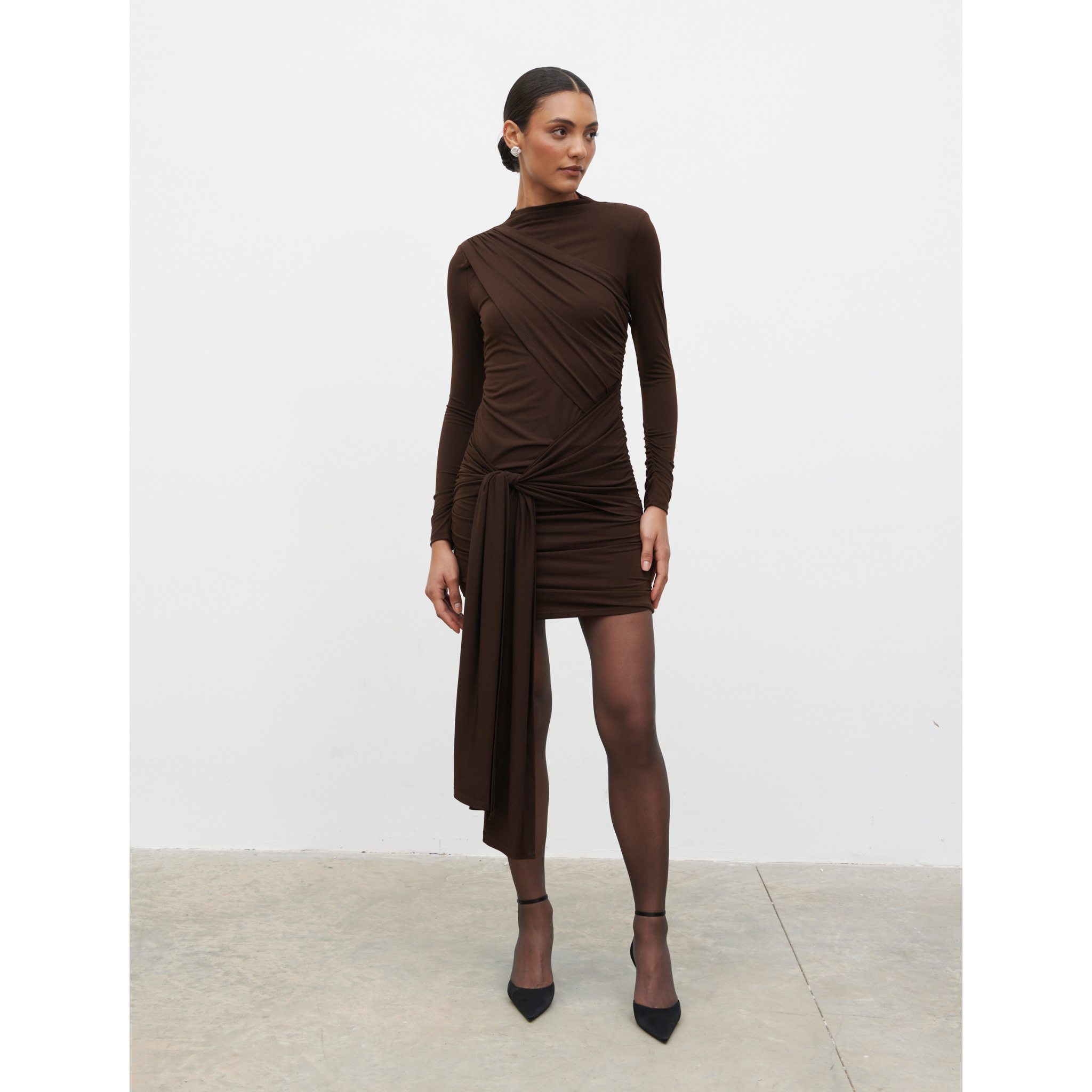 Womens Pretty Lavish Brown Raya Drape Jersey Mini Dress