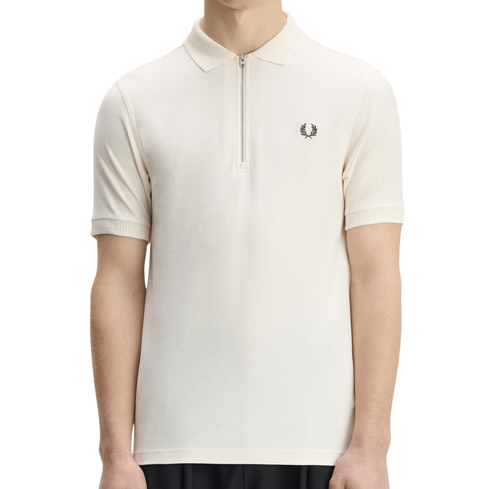 Mens Fred Perry Ecru Crepe Pique Zip Neck S/s Polo