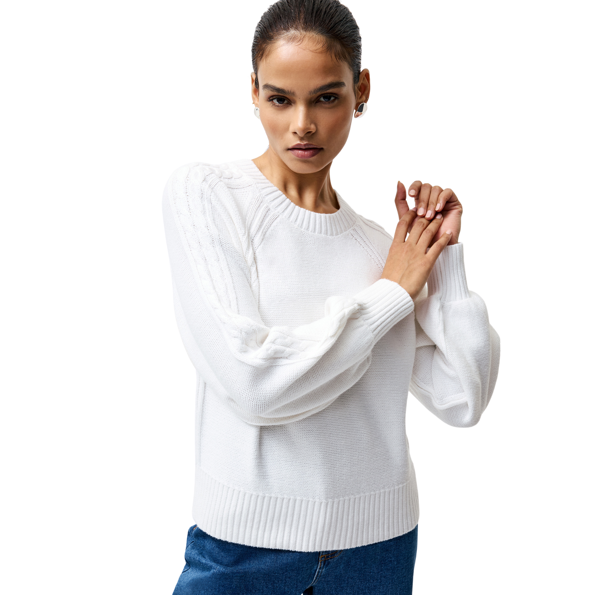 Womens French Connection Linen White Lily Cable Sleeve Jumper