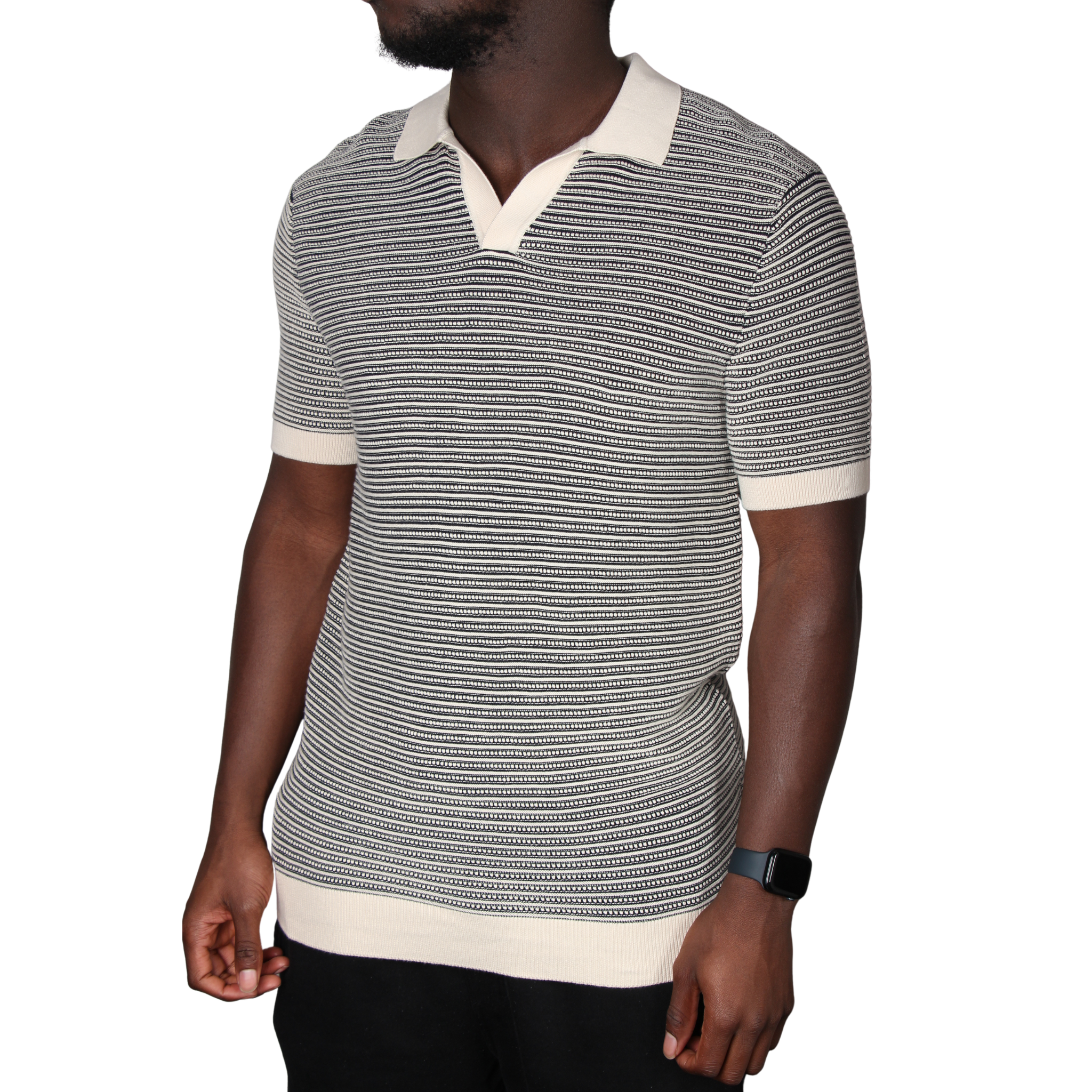 Mens Remus Uomo Navy Stripe Knit Open Collar S/s Polo Shirt