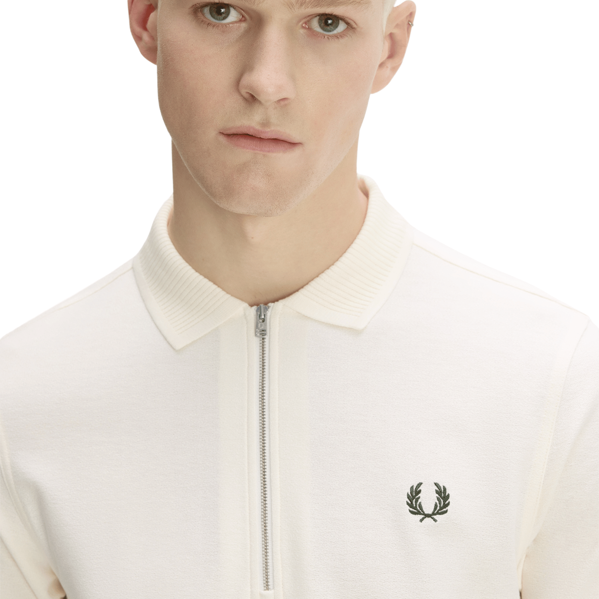 Mens Fred Perry Ecru Crepe Pique Zip Neck S/s Polo