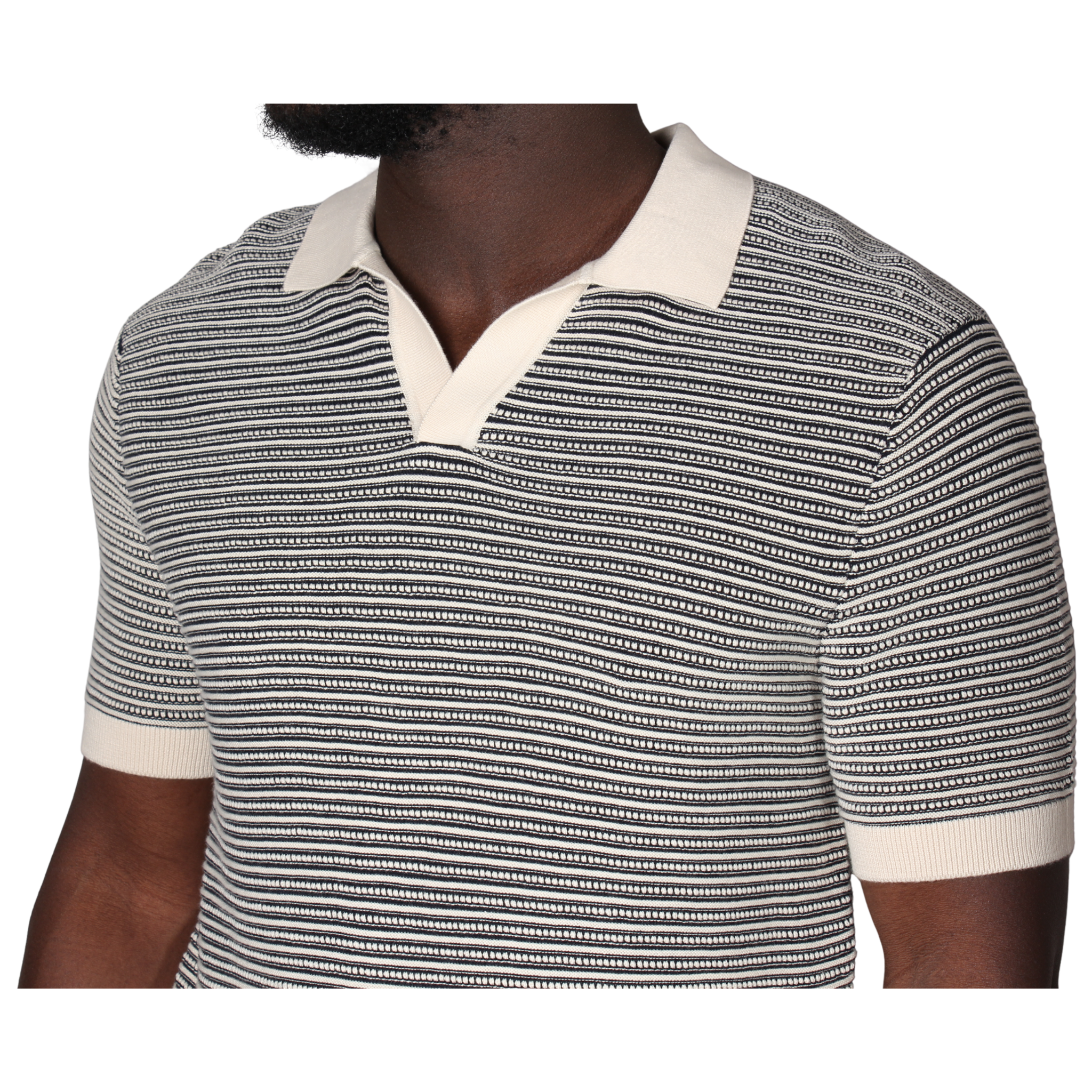 Mens Remus Uomo Navy Stripe Knit Open Collar S/s Polo Shirt