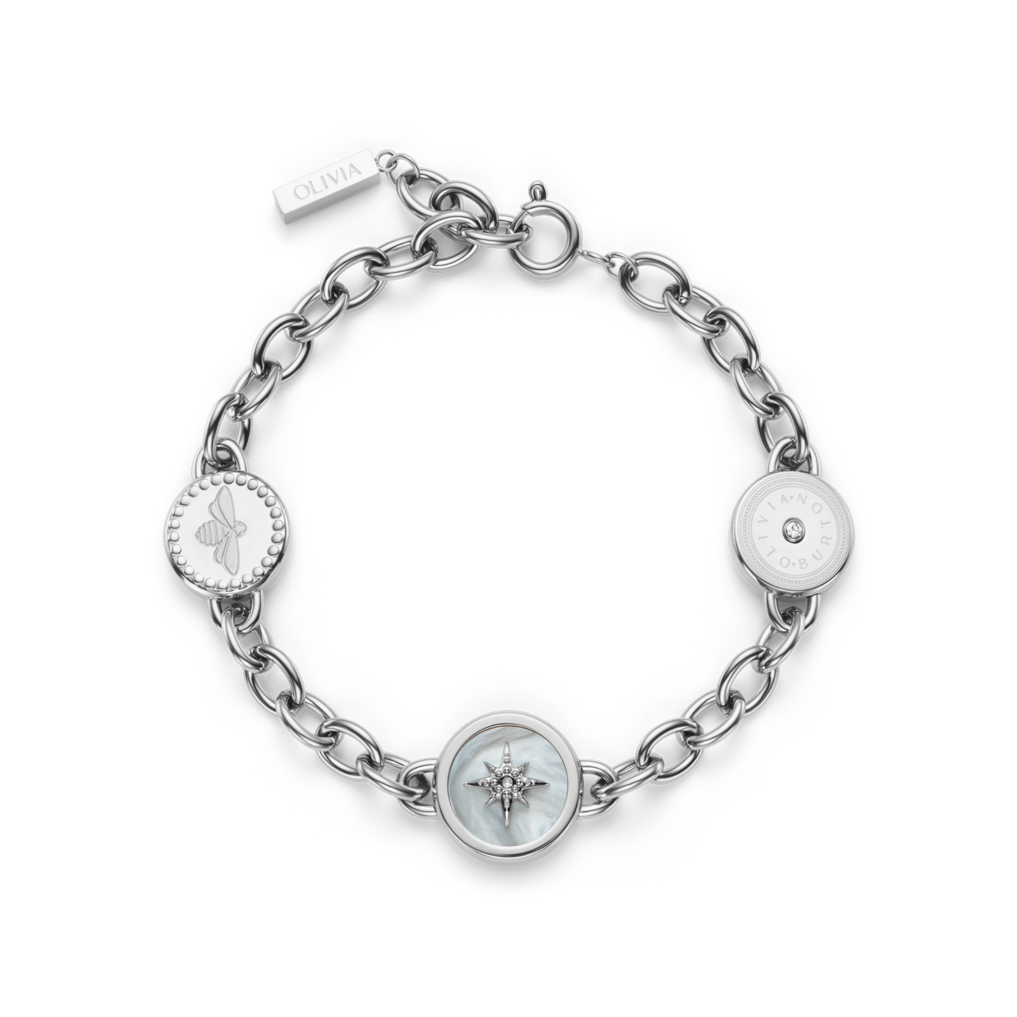 Womens Olivia Burton Silver Signature Bee Charm Bracelet