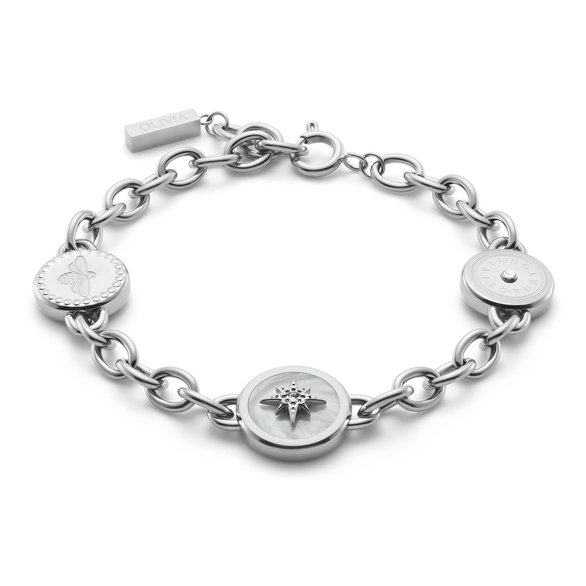 Womens Olivia Burton Silver Signature Bee Charm Bracelet